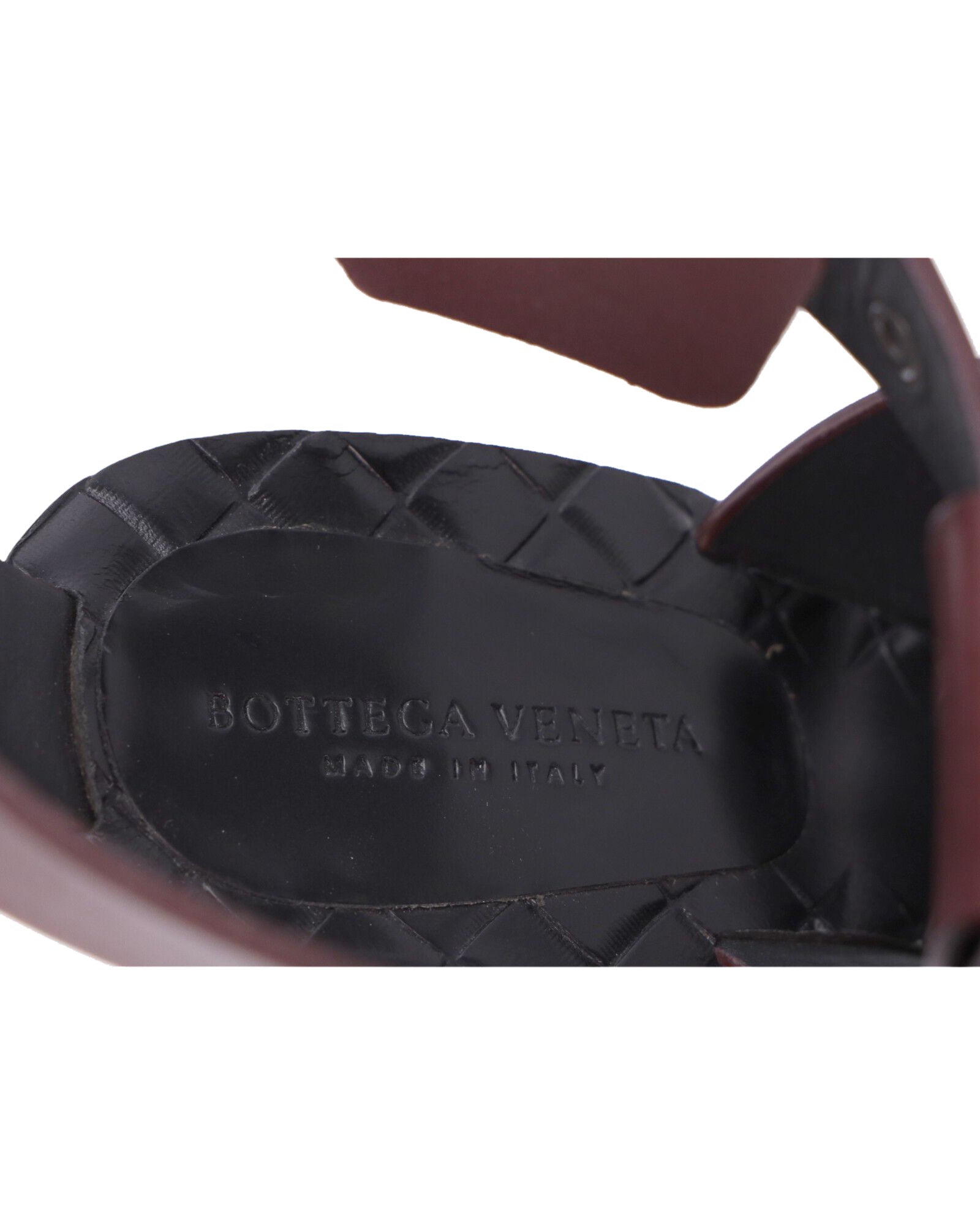 Bottega Veneta Fringe Buckle T-strap Block Heel Sandals in Maroon Leather