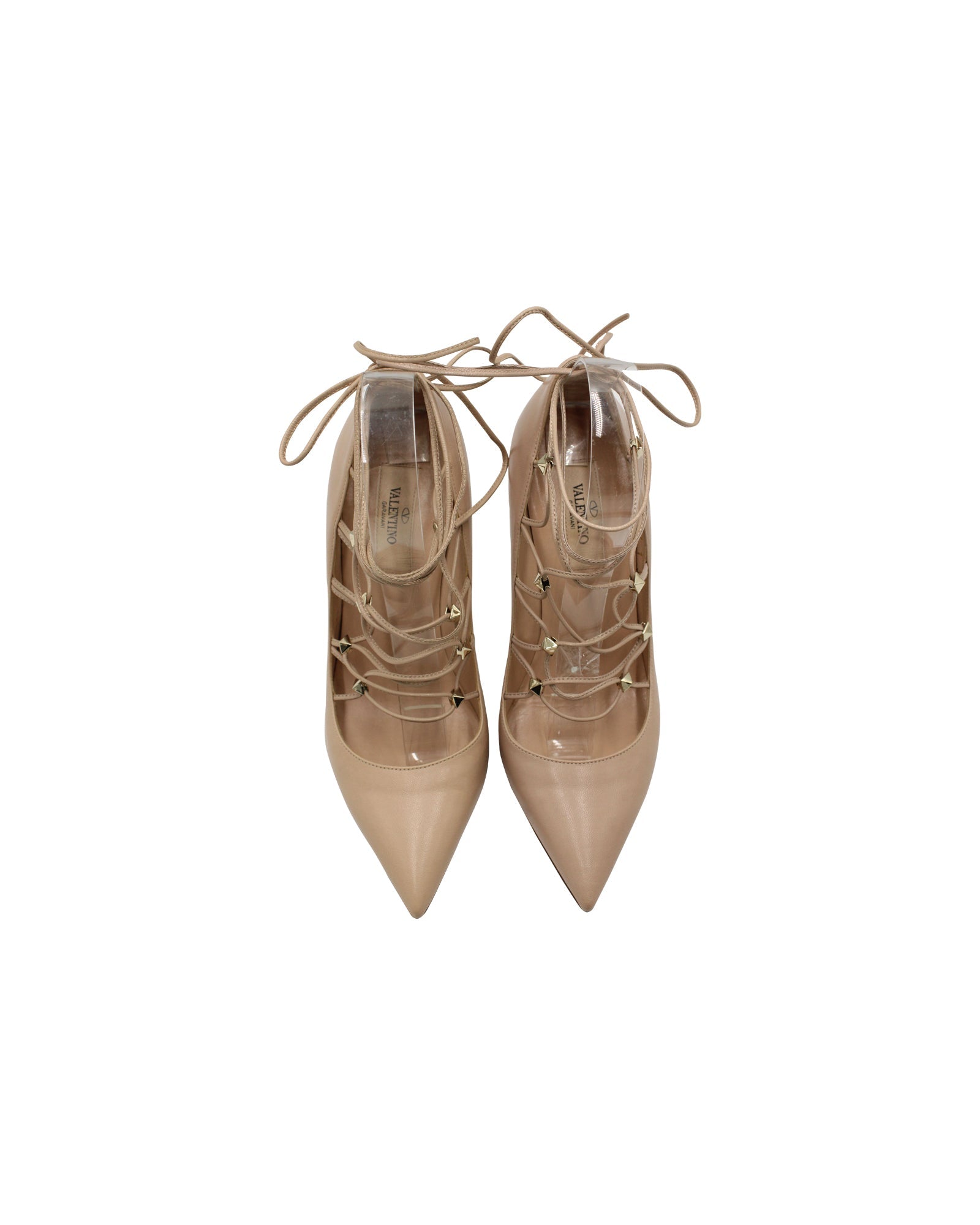 Valentino Garavani Rockstud Lace Up Gladiator Pumps in Blush Leather