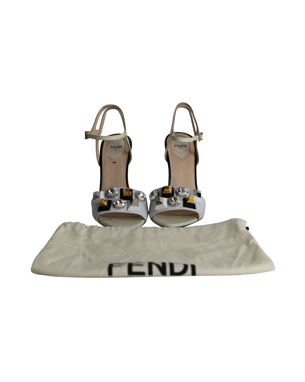 Fendi Crystal Embellished Open Toe Sandals in White Leather