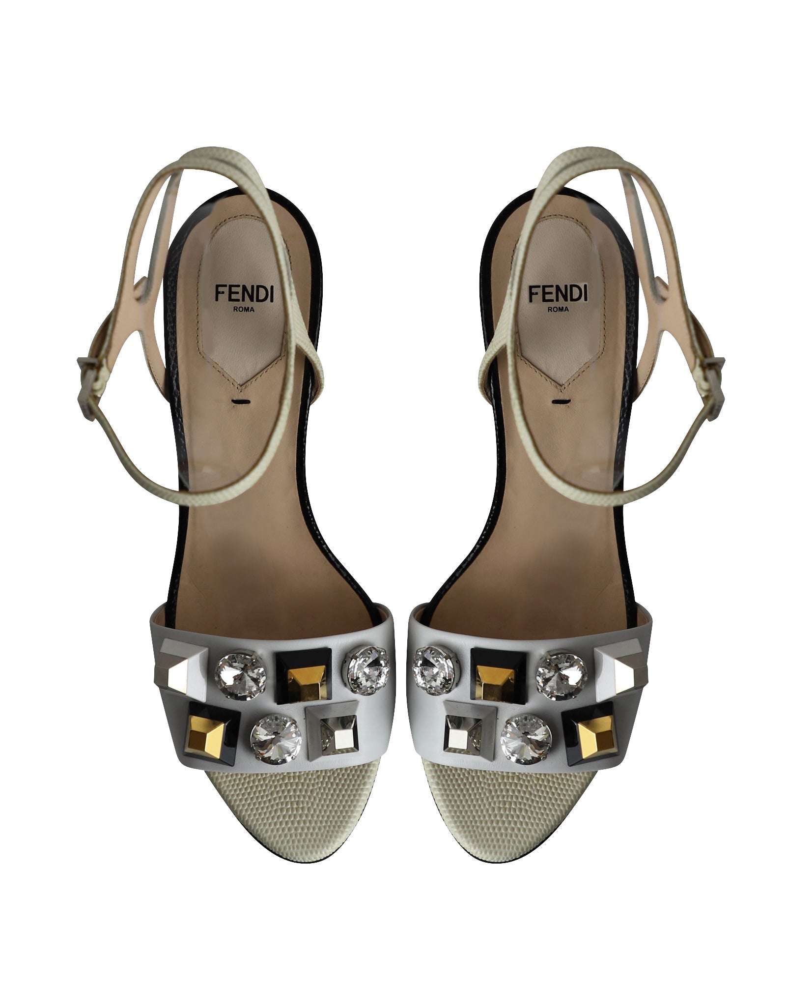 Fendi Crystal Embellished Open Toe Sandals in White Leather