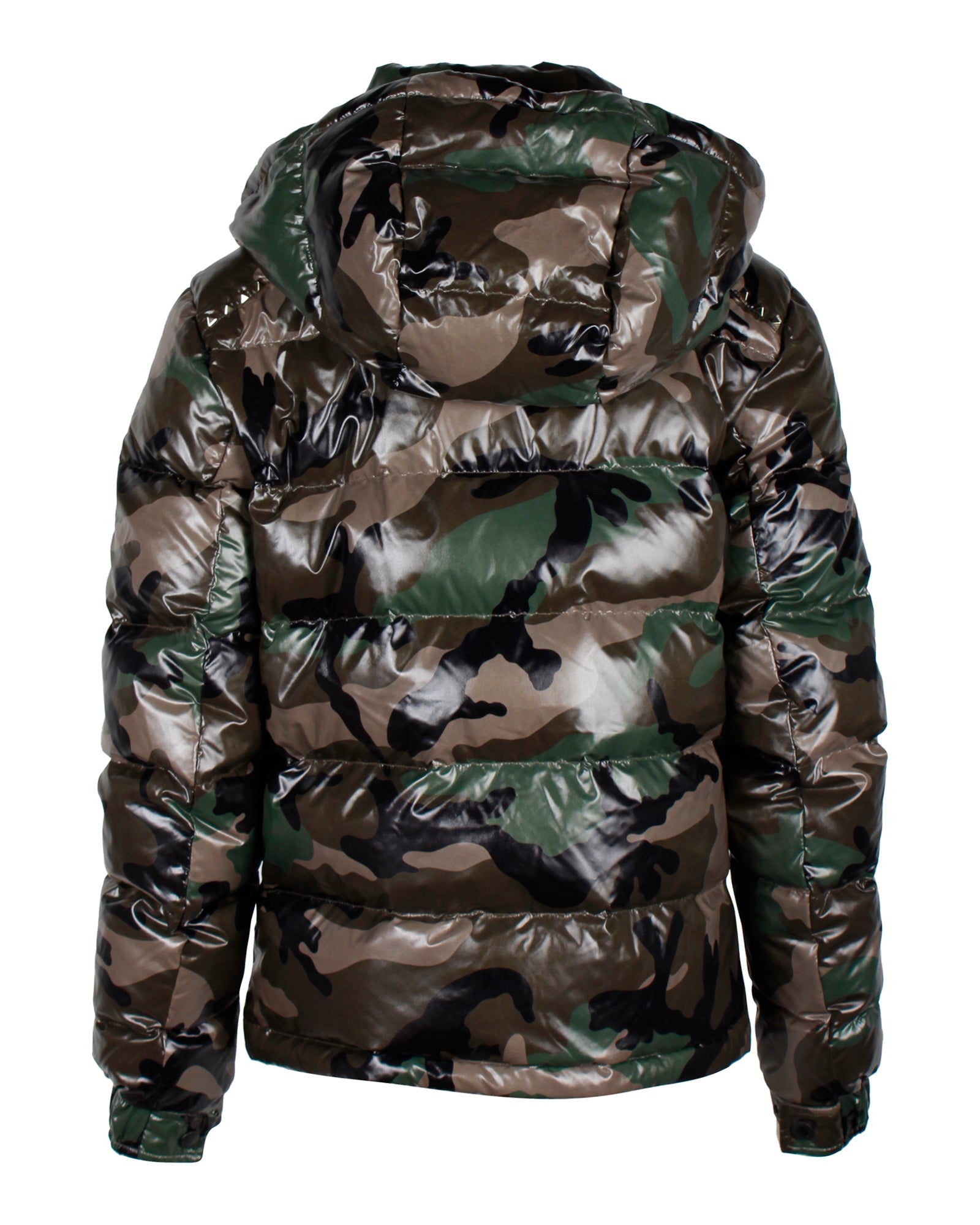 Valentino Studded Camouflage-Print Quilted Shell Hooded Down Jacket in Green Polyamide