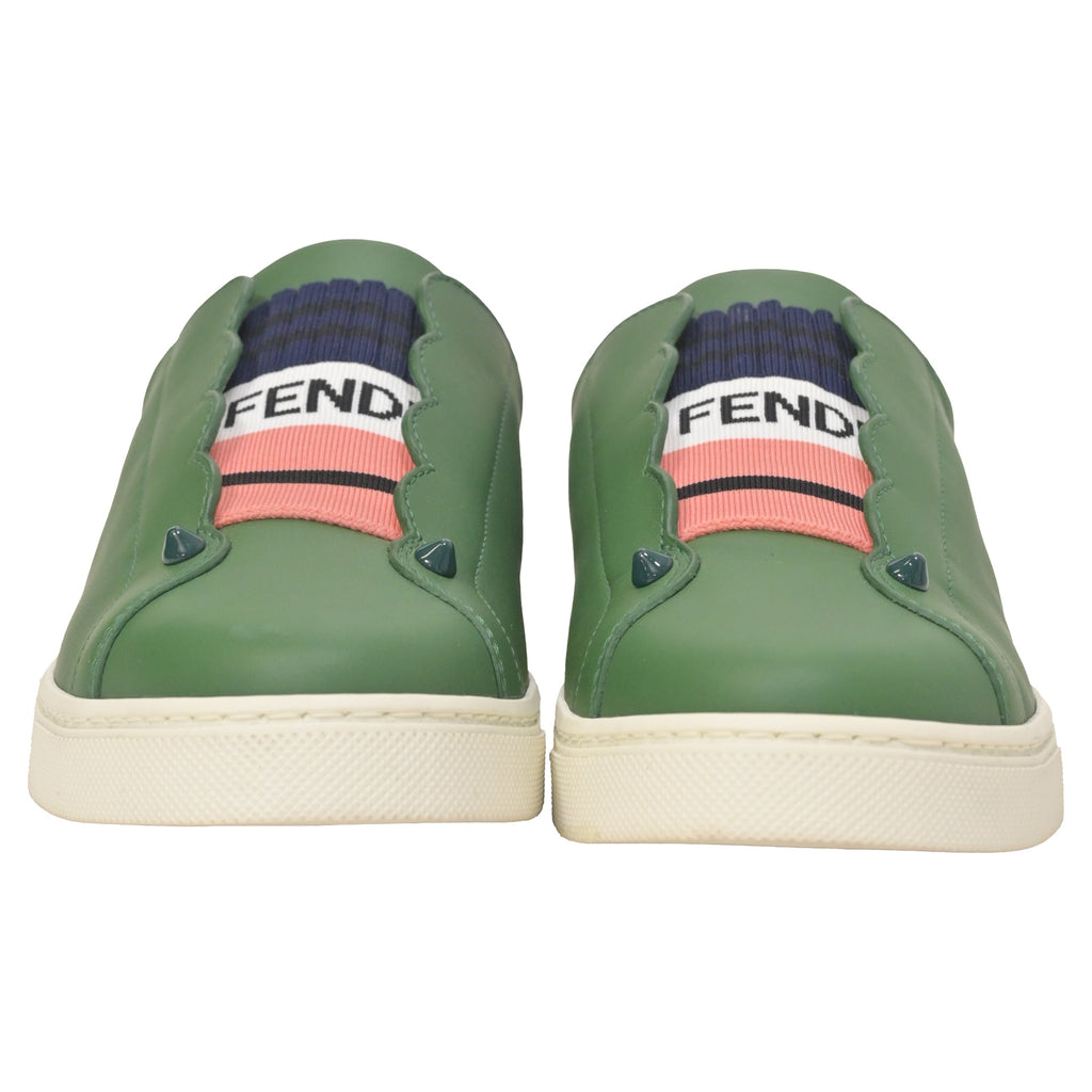 Fendi Vitello Lurex Rockoclick Slip-On Sneakers in Olive Green Leather