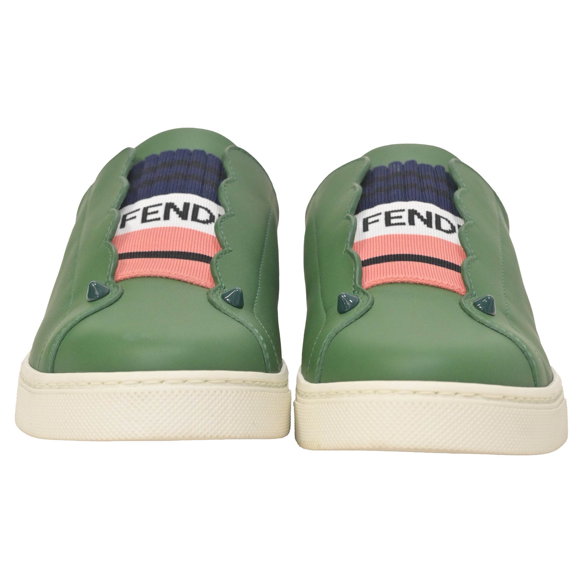 Fendi Vitello Lurex Rockoclick Slip-On Sneakers in Olive Green Leather