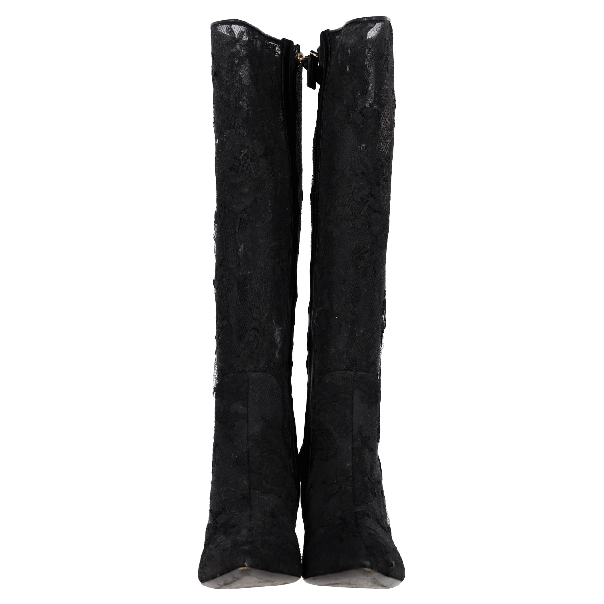 Valentino Garavani Floral Lace Detail High Heel Mid-Calf Boots in Black Polyester