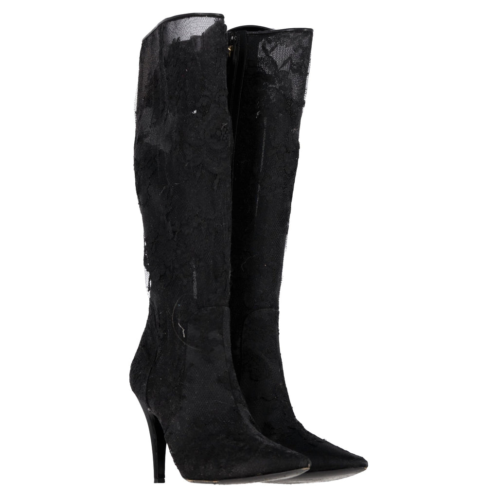Valentino Garavani Floral Lace Detail High Heel Mid-Calf Boots in Black Polyester