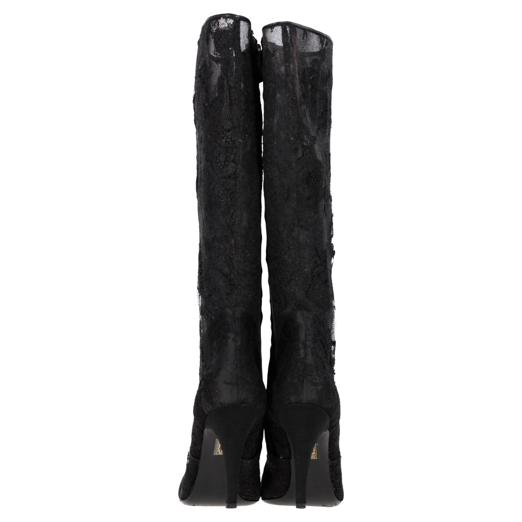 Valentino Garavani Floral Lace Detail High Heel Mid-Calf Boots in Black Polyester