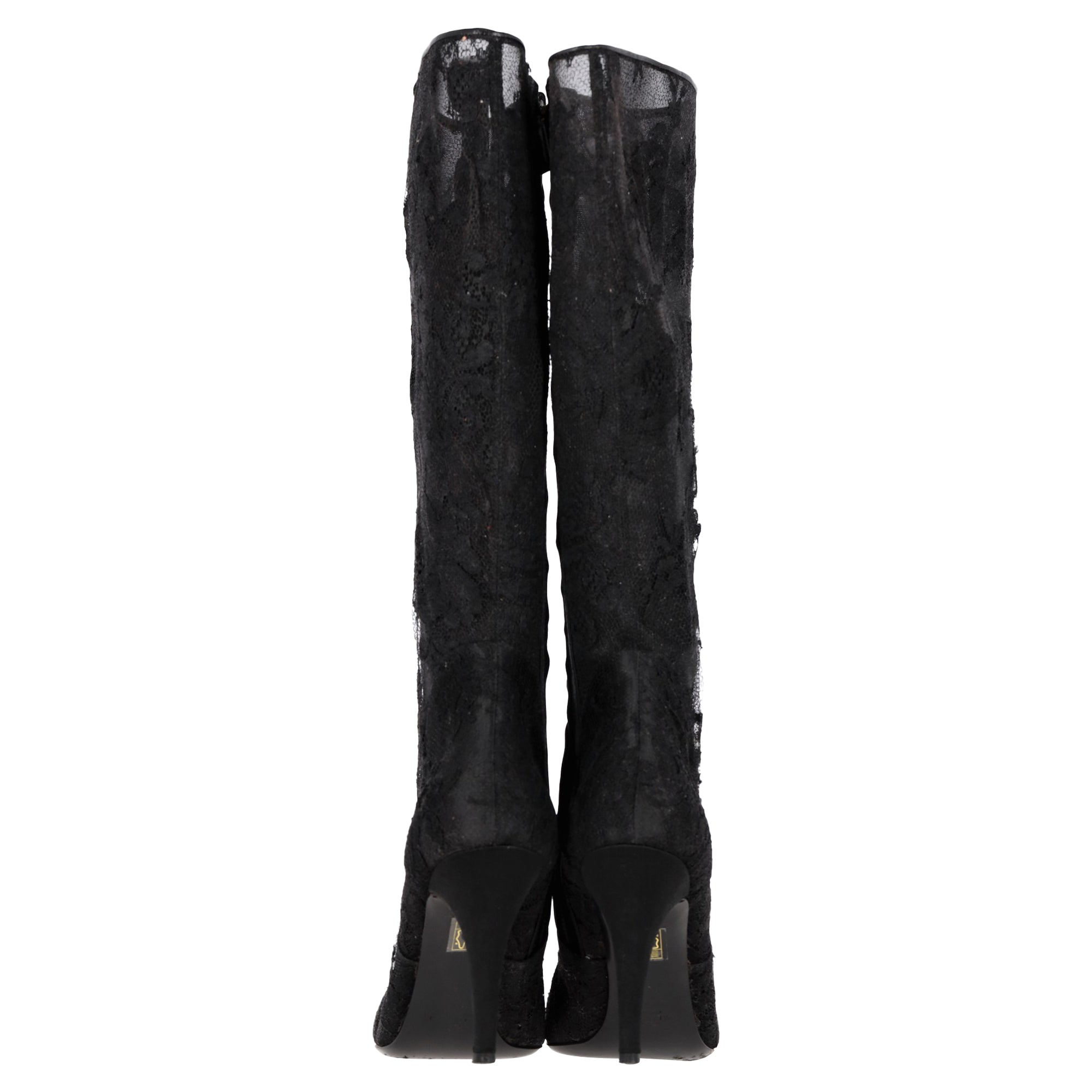 Valentino Garavani Floral Lace Detail High Heel Mid-Calf Boots in Black Polyester
