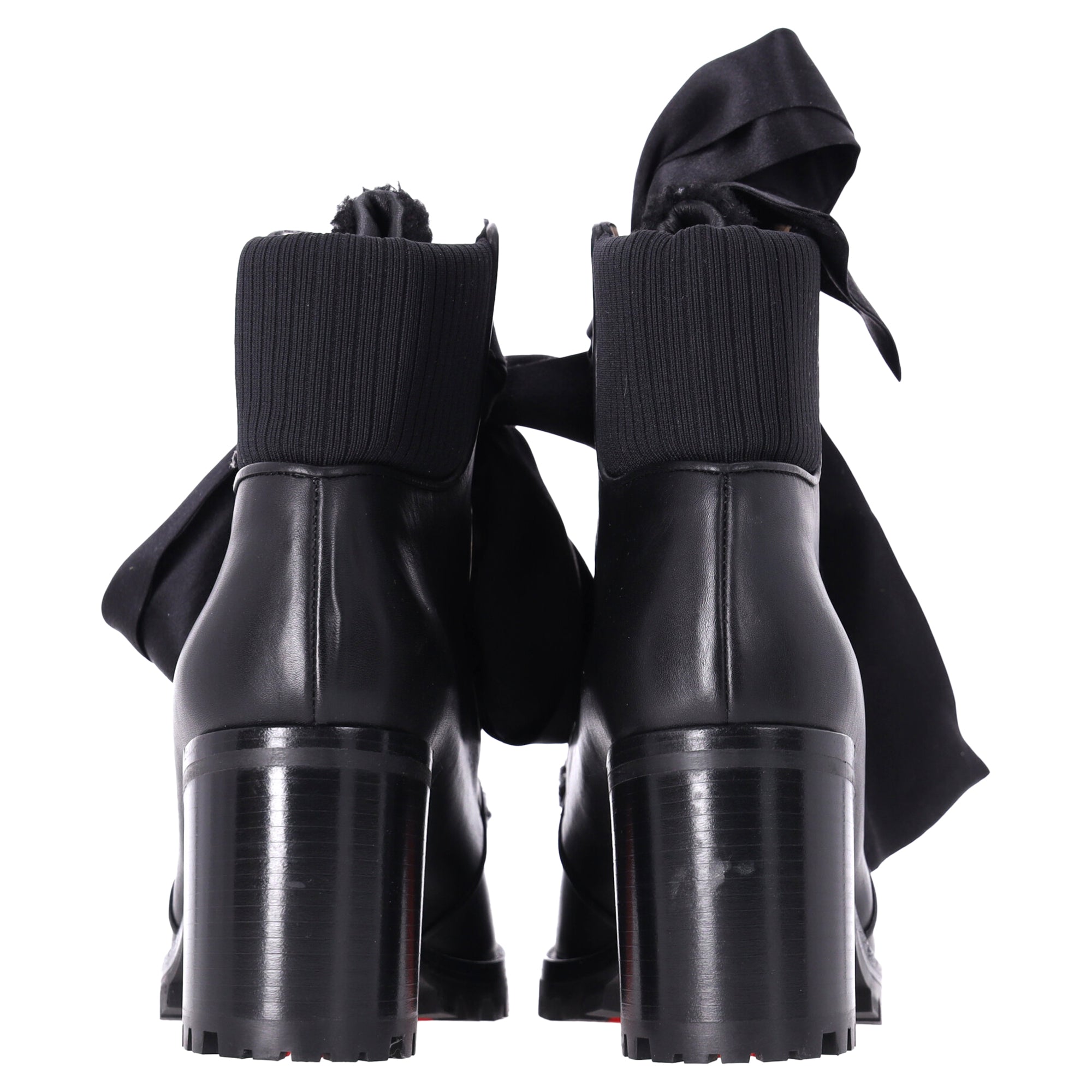 Christian Louboutin Jenny Bow Lace Heeled Ankle Boots in Black Calf Leather