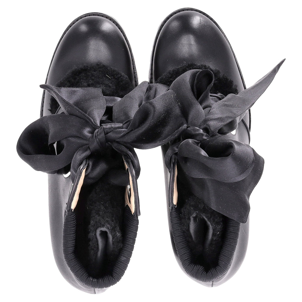 Christian Louboutin Jenny Bow Lace Heeled Ankle Boots in Black Calf Leather