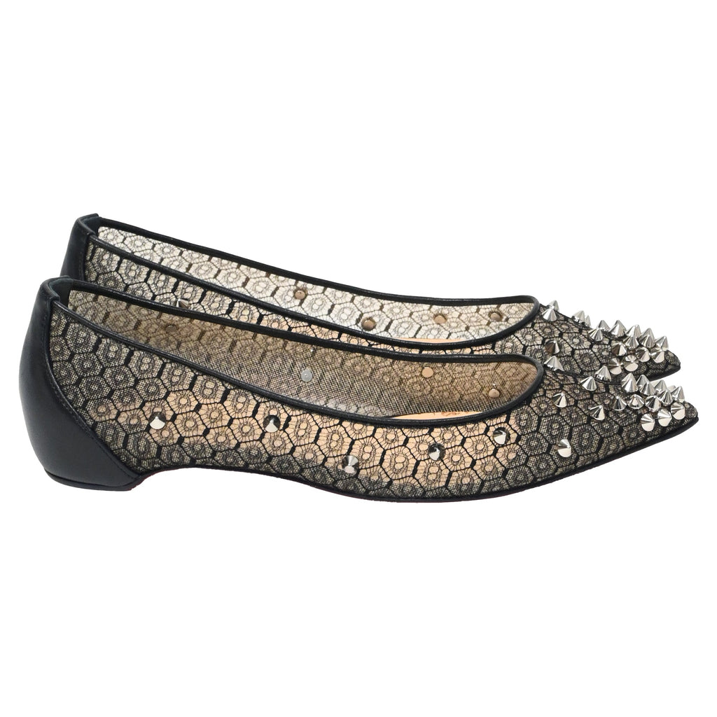 Christian Louboutin Lace Spike-Embellished Ballet Flats in Black Polyester