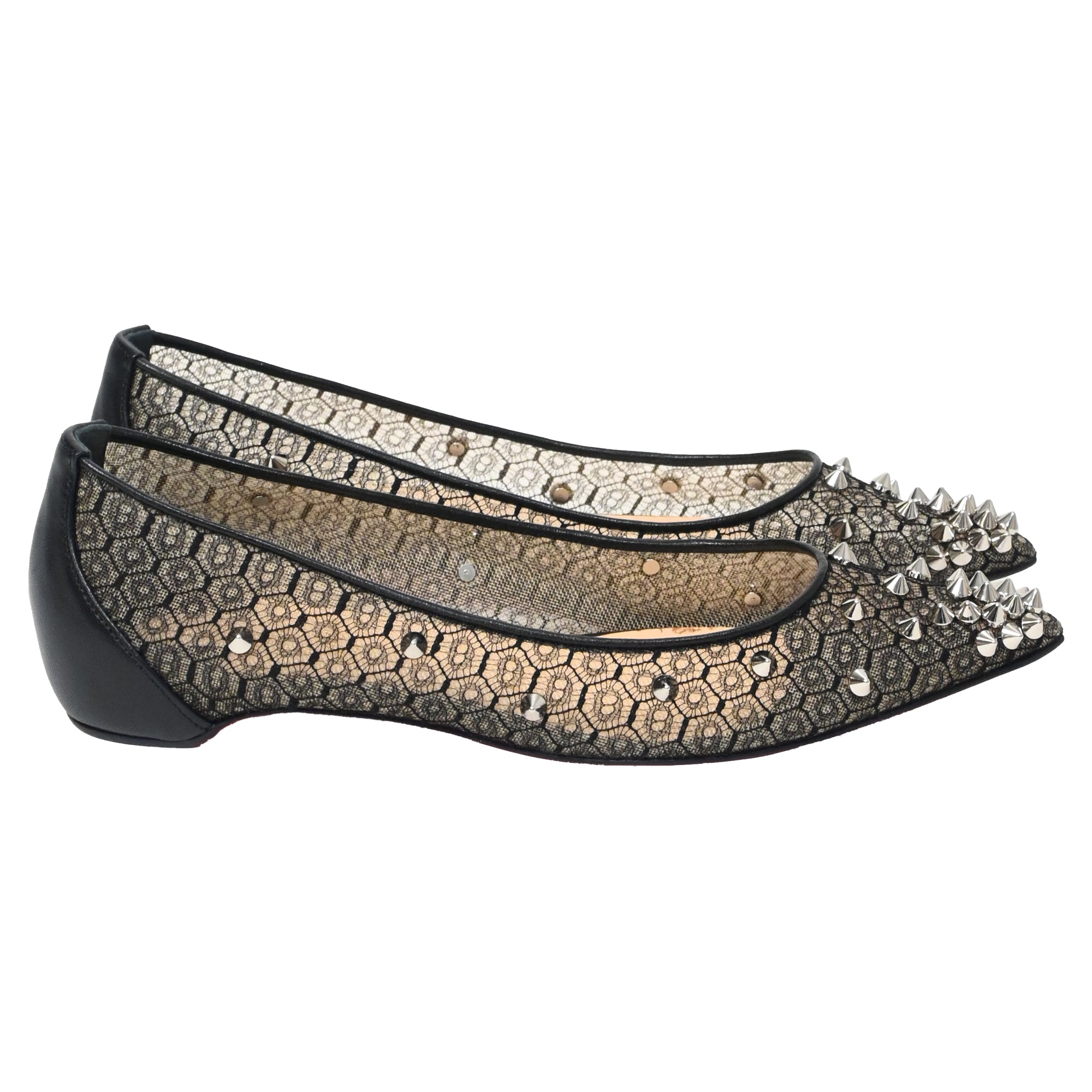 Christian Louboutin Lace Spike-Embellished Ballet Flats in Black Polyester