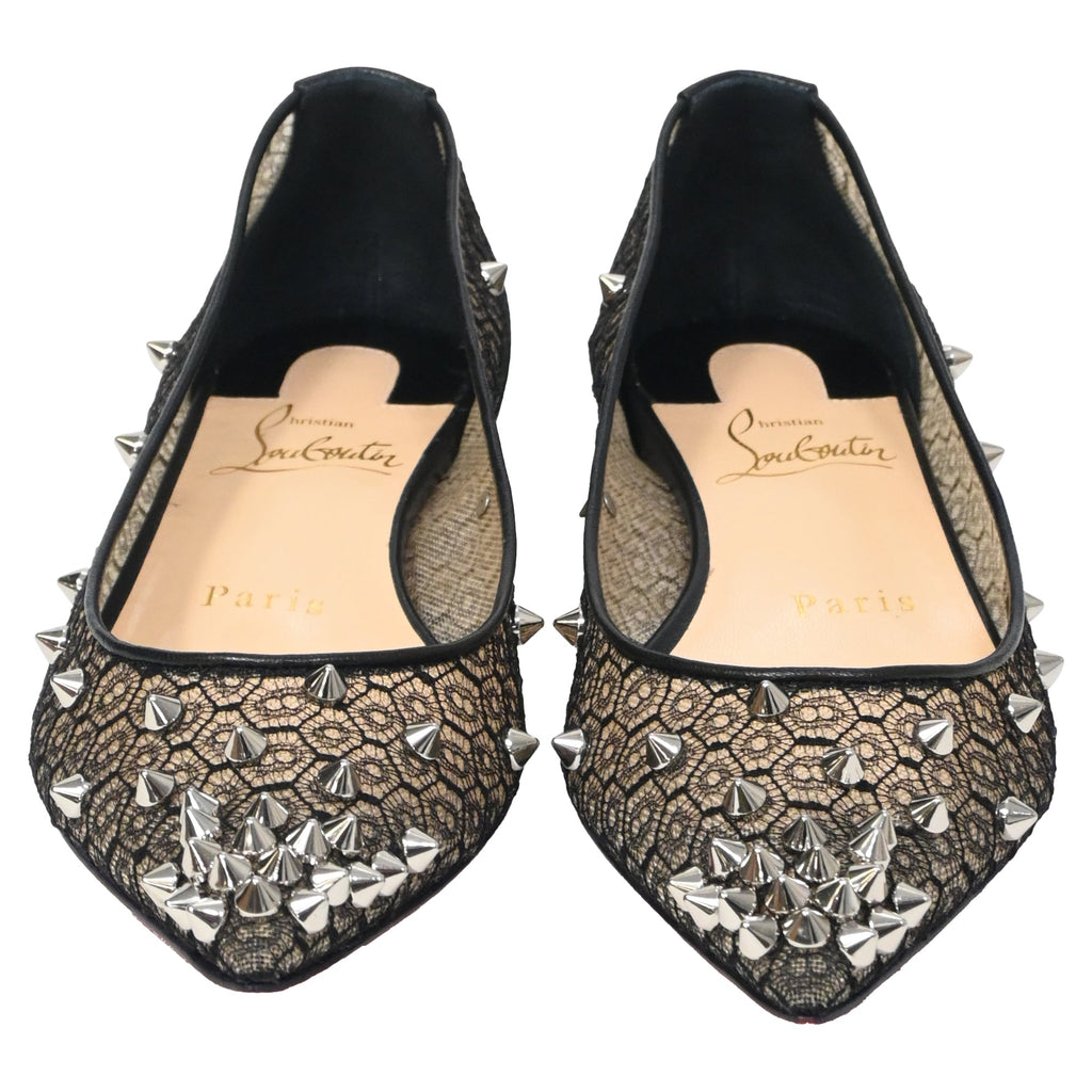 Christian Louboutin Lace Spike-Embellished Ballet Flats in Black Polyester