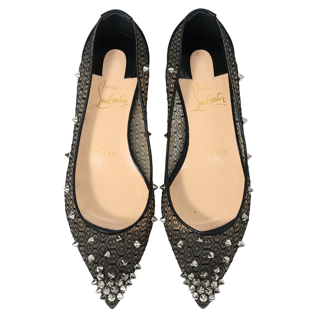 Christian Louboutin Lace Spike-Embellished Ballet Flats in Black Polyester