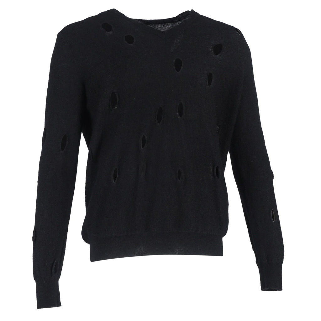 Bottega Veneta Distressed V-Neck Sweater in Black Wool