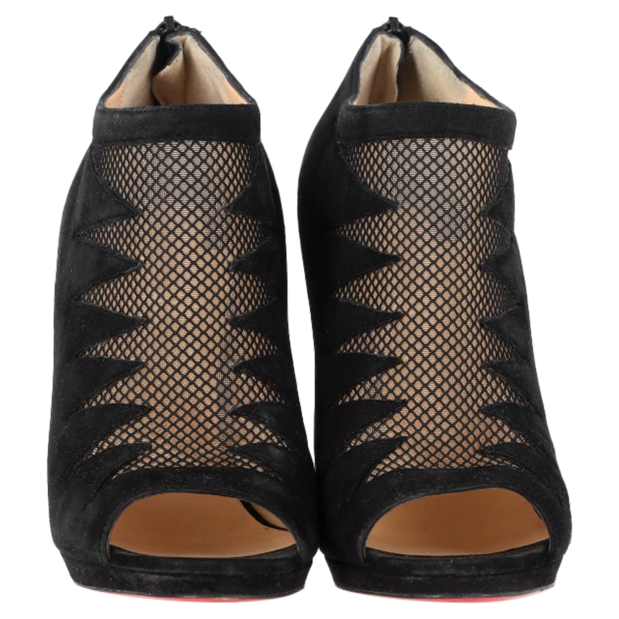 Christian Louboutin Peep-Toe Boots in Black Suede and Mesh