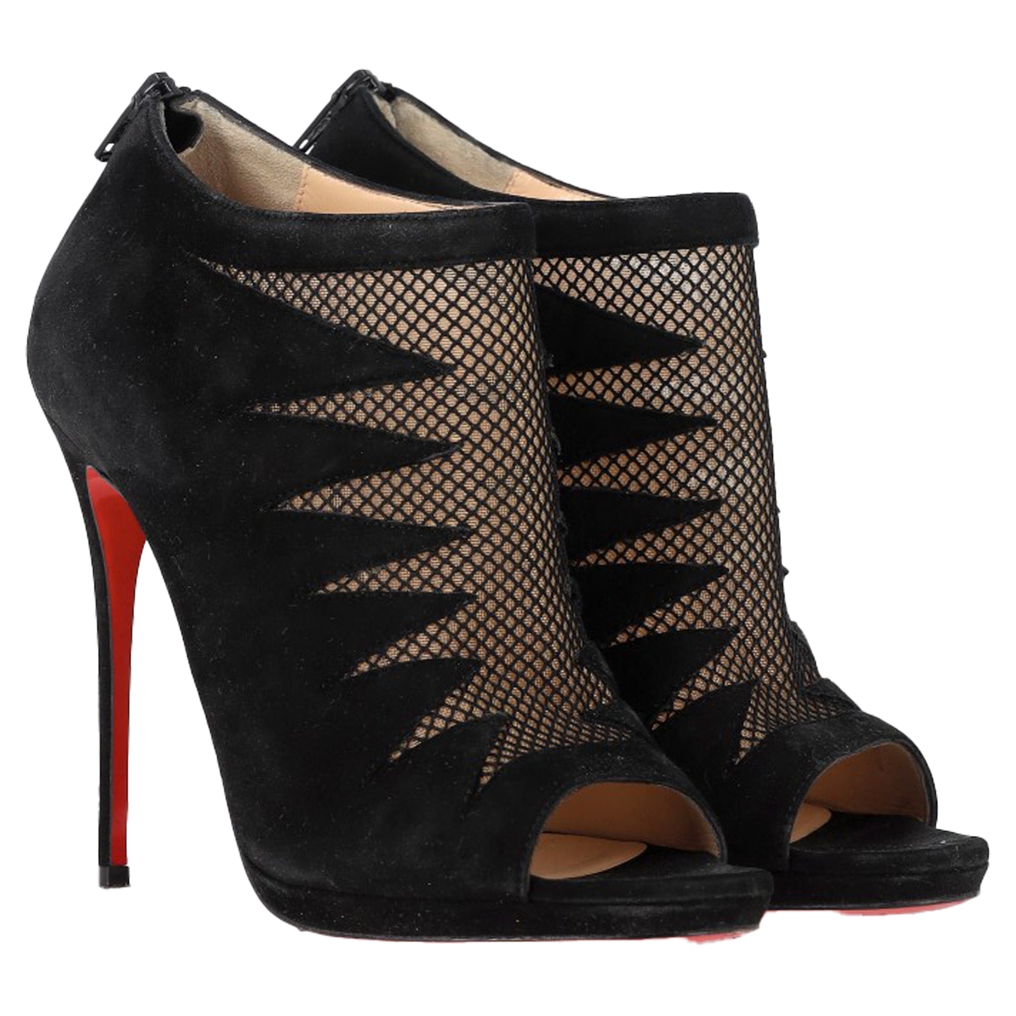Christian Louboutin Peep-Toe Boots in Black Suede and Mesh