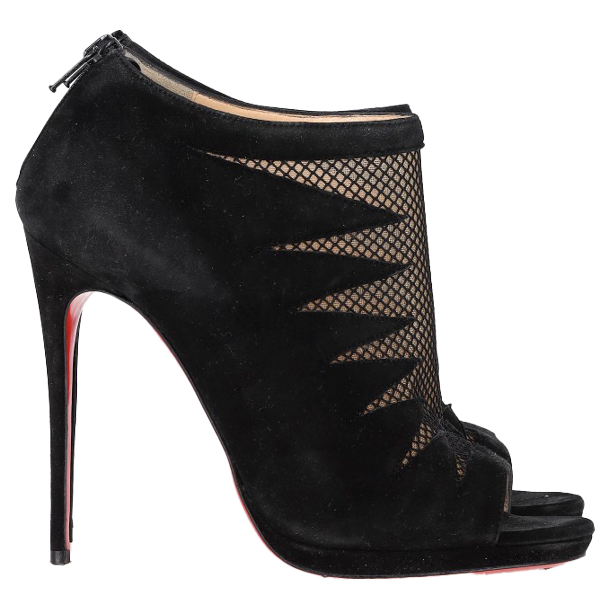 Christian Louboutin Peep-Toe Boots in Black Suede and Mesh