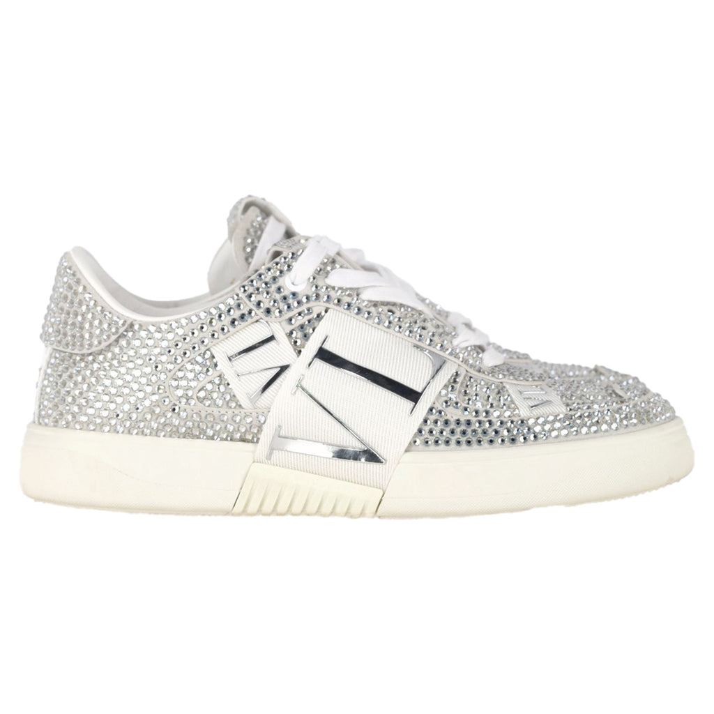 Valentino VL7N Crystal-Embellished Low-Top Sneakers in White Leather