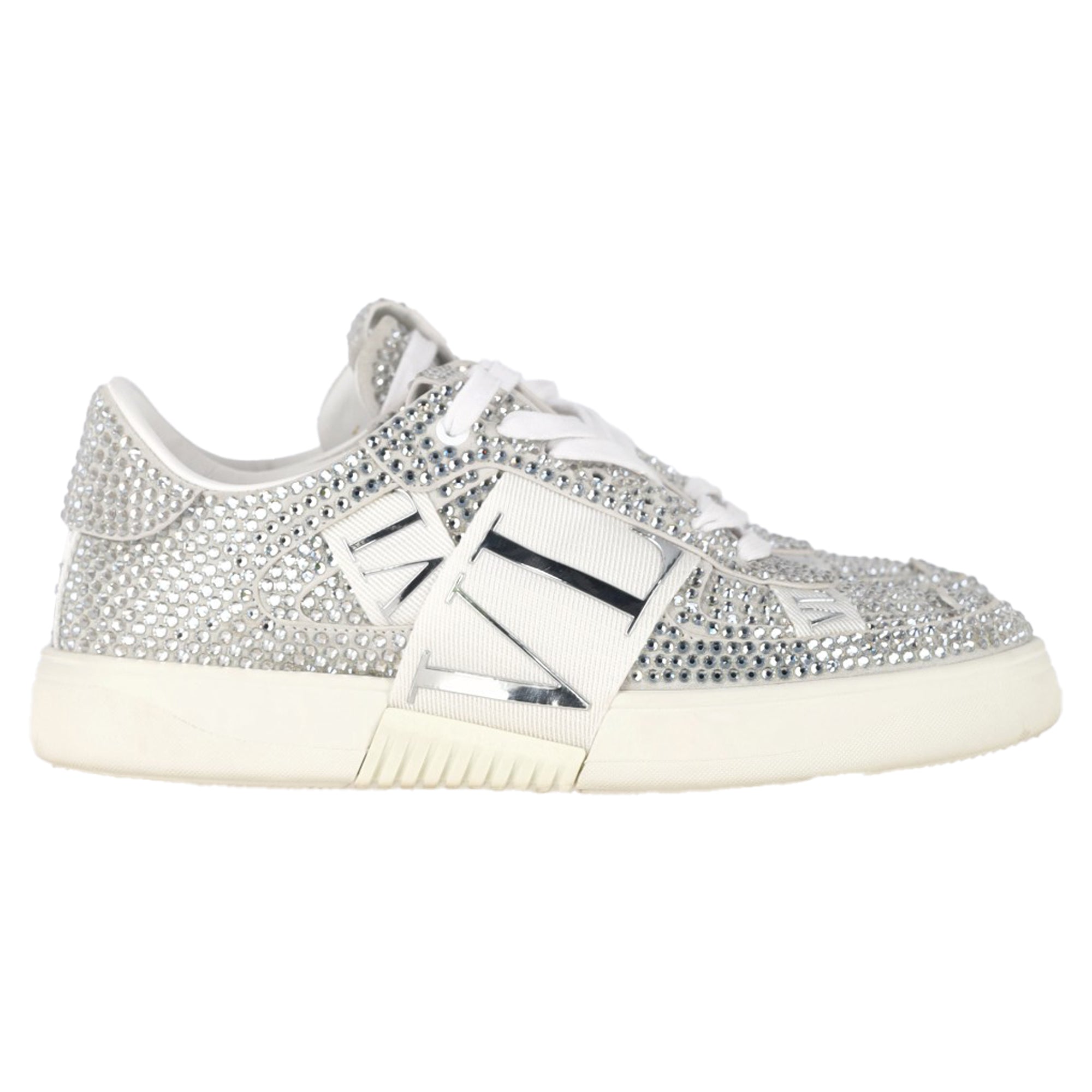 Valentino VL7N Crystal-Embellished Low-Top Sneakers in White Leather