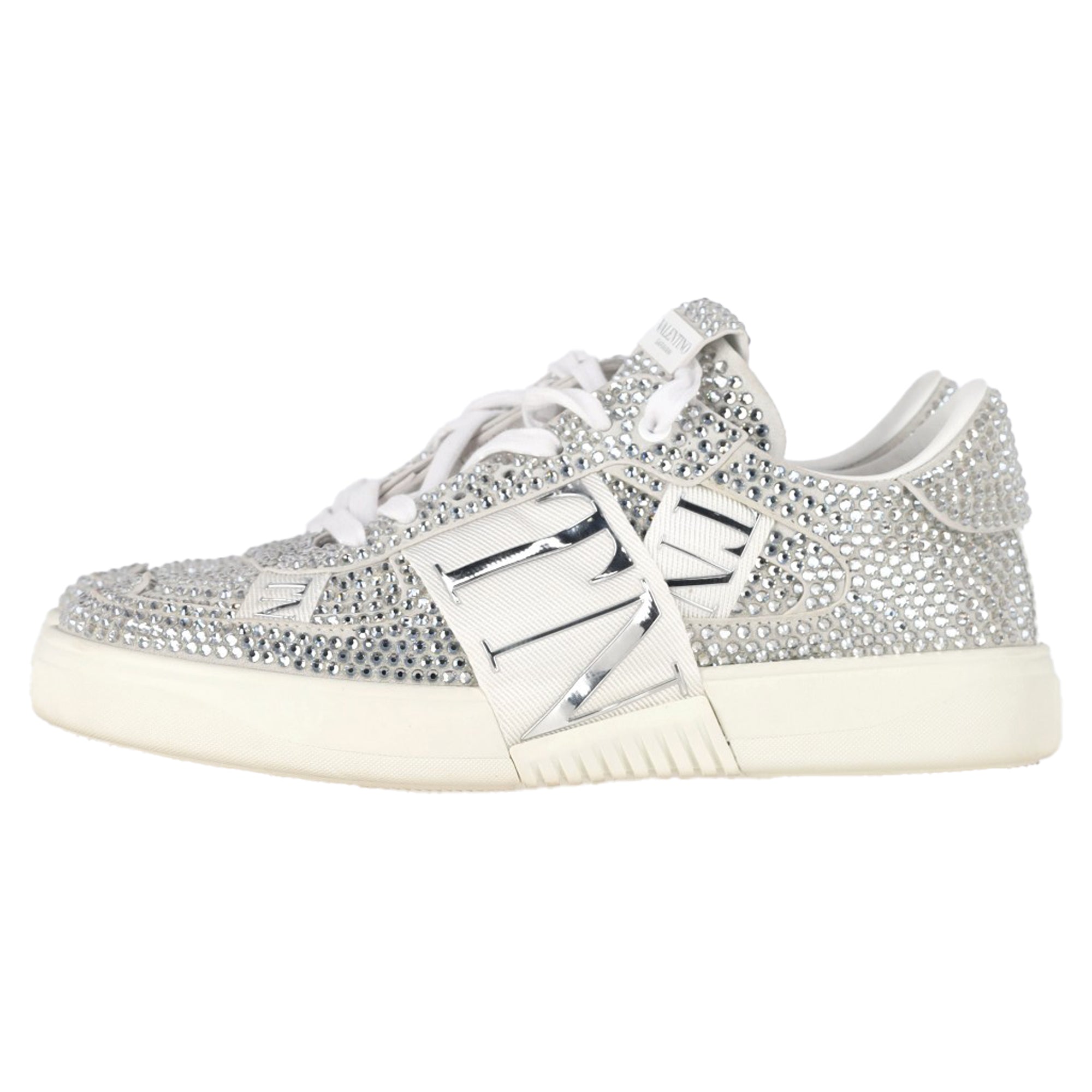 Valentino VL7N Crystal-Embellished Low-Top Sneakers in White Leather