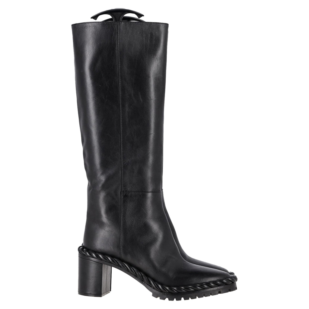 Valentino Garavani Rope Mid-Calf Block Heel Boots in Black Leather