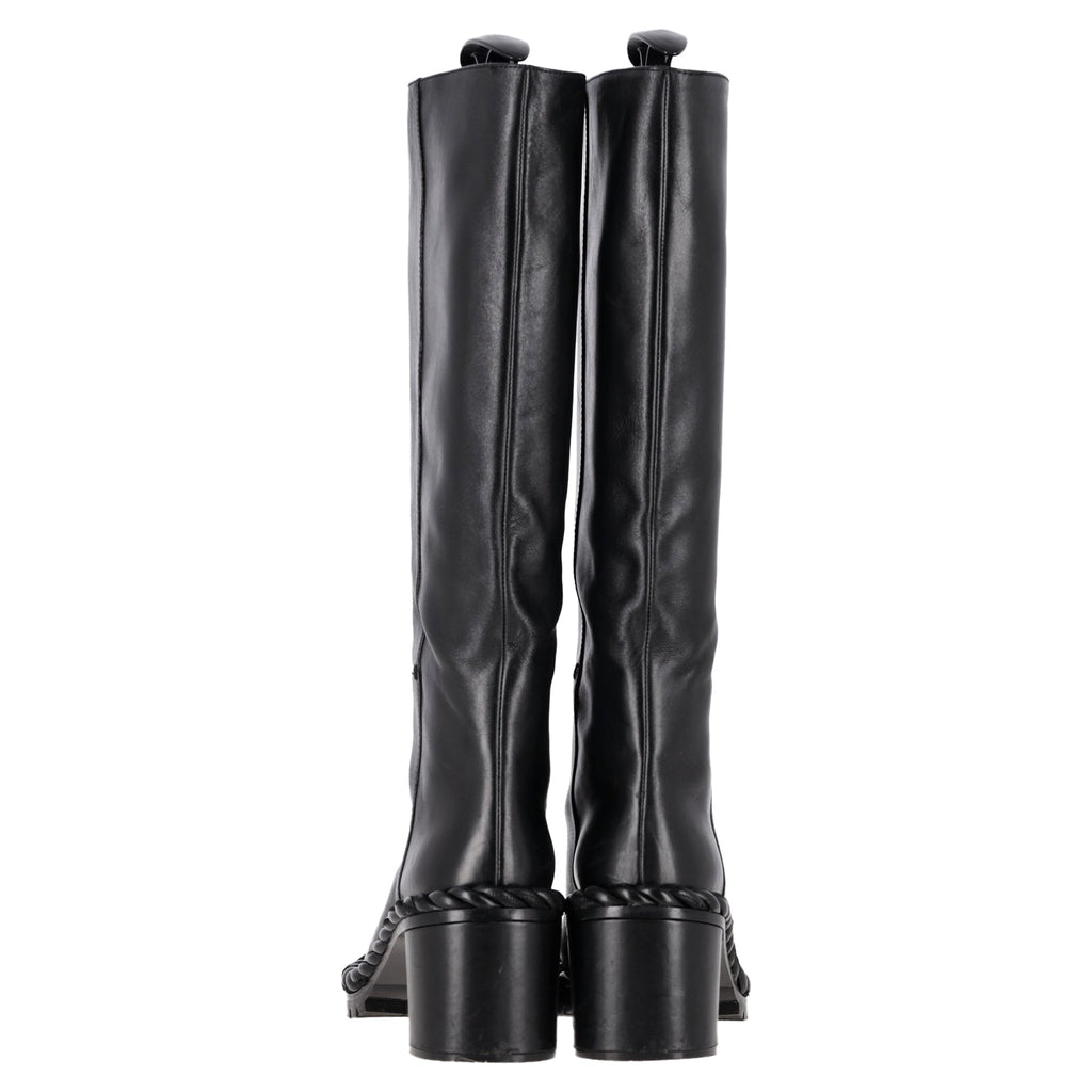 Valentino Garavani Rope Mid-Calf Block Heel Boots in Black Leather
