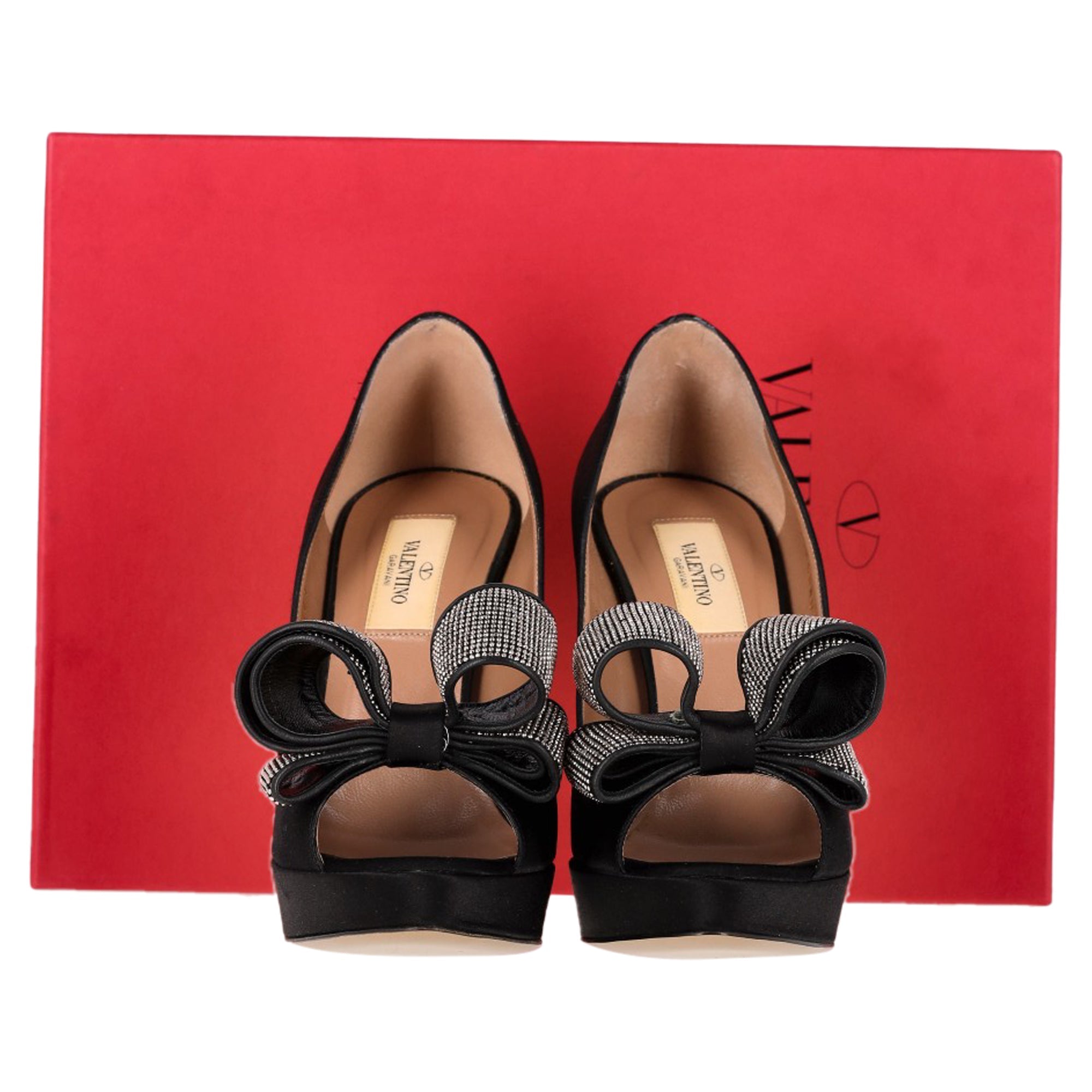 Valentino Bow Peep Toe Pumps in Black Satin