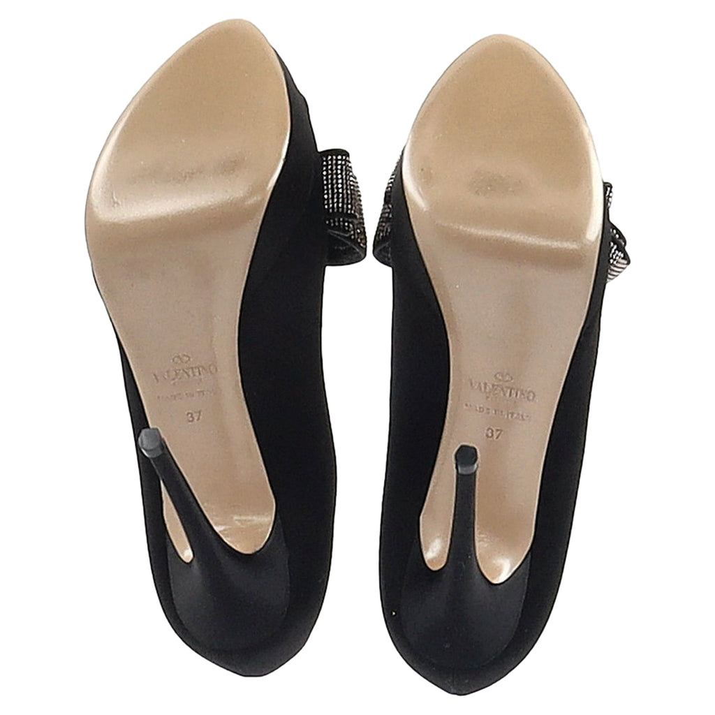Valentino Bow Peep Toe Pumps in Black Satin