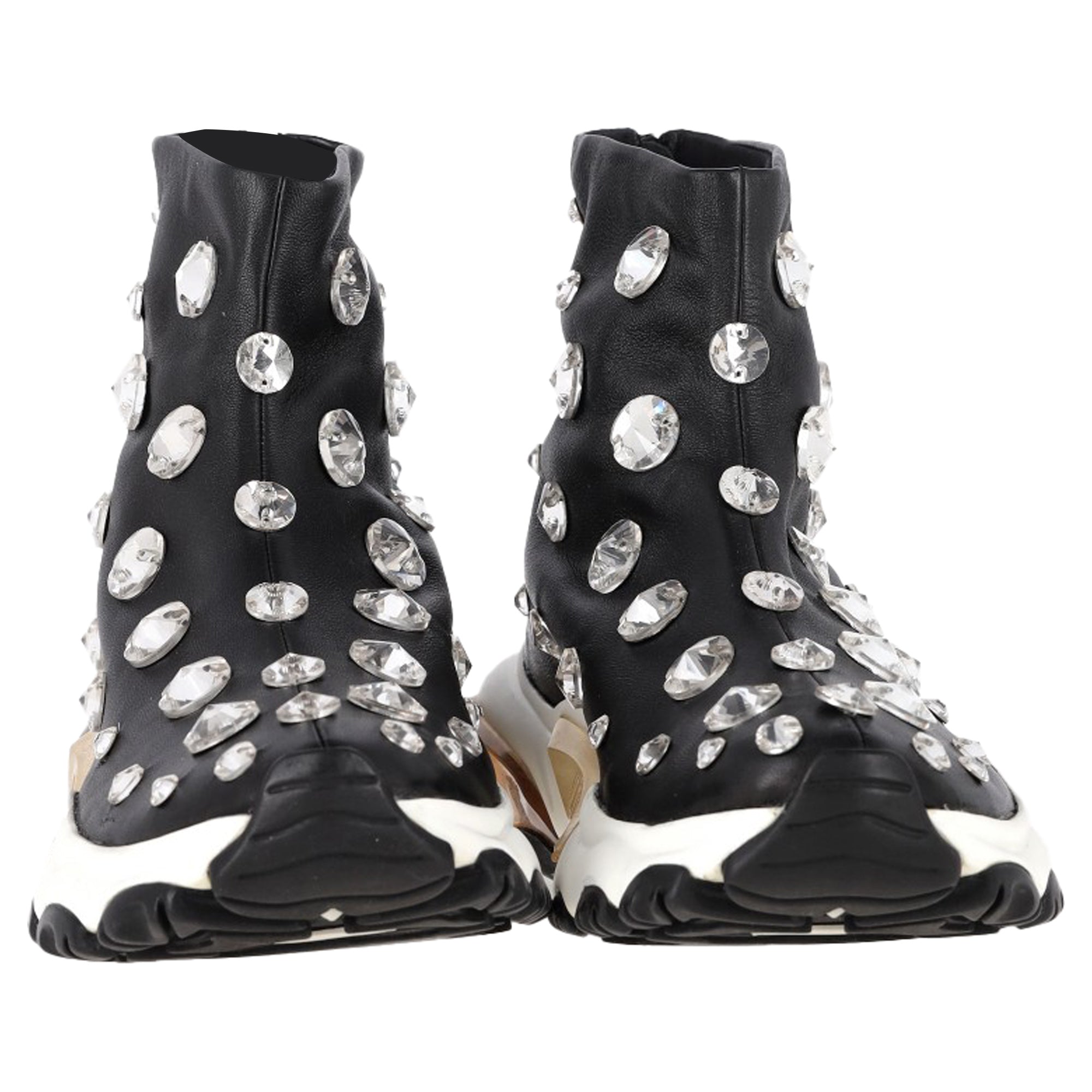 Valentino Garavani Crystal-Embellished Sneakers in Black Leather