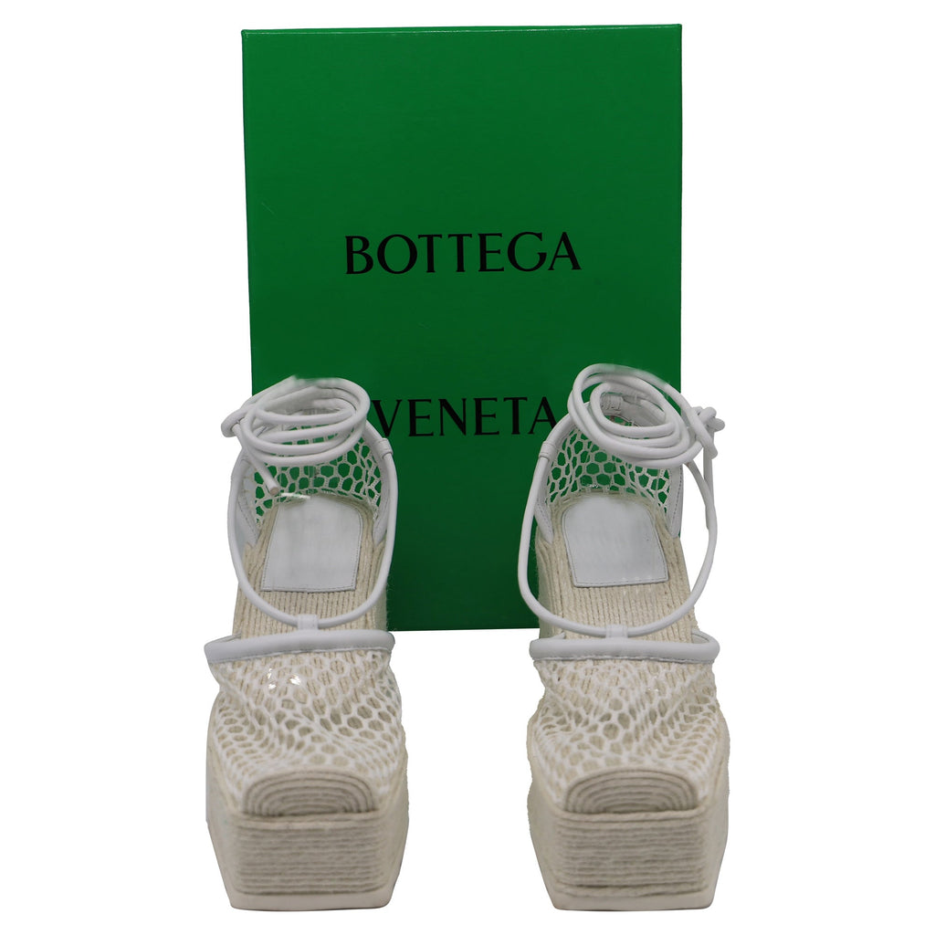 Bottega Veneta Stretch Lace-Up Wedge Espadrilles in White Leather