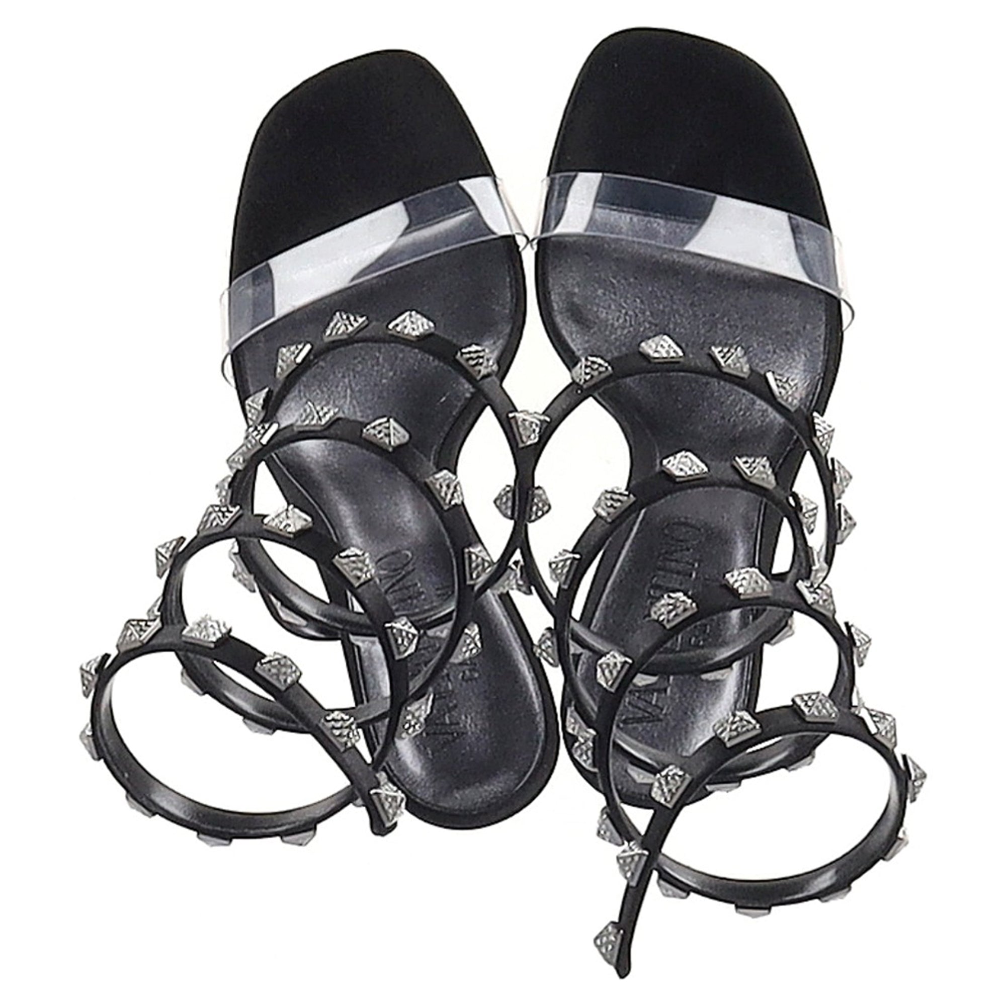 Valentino Garavani Rockstud Wrap Around Sandal Heels in Black Leather