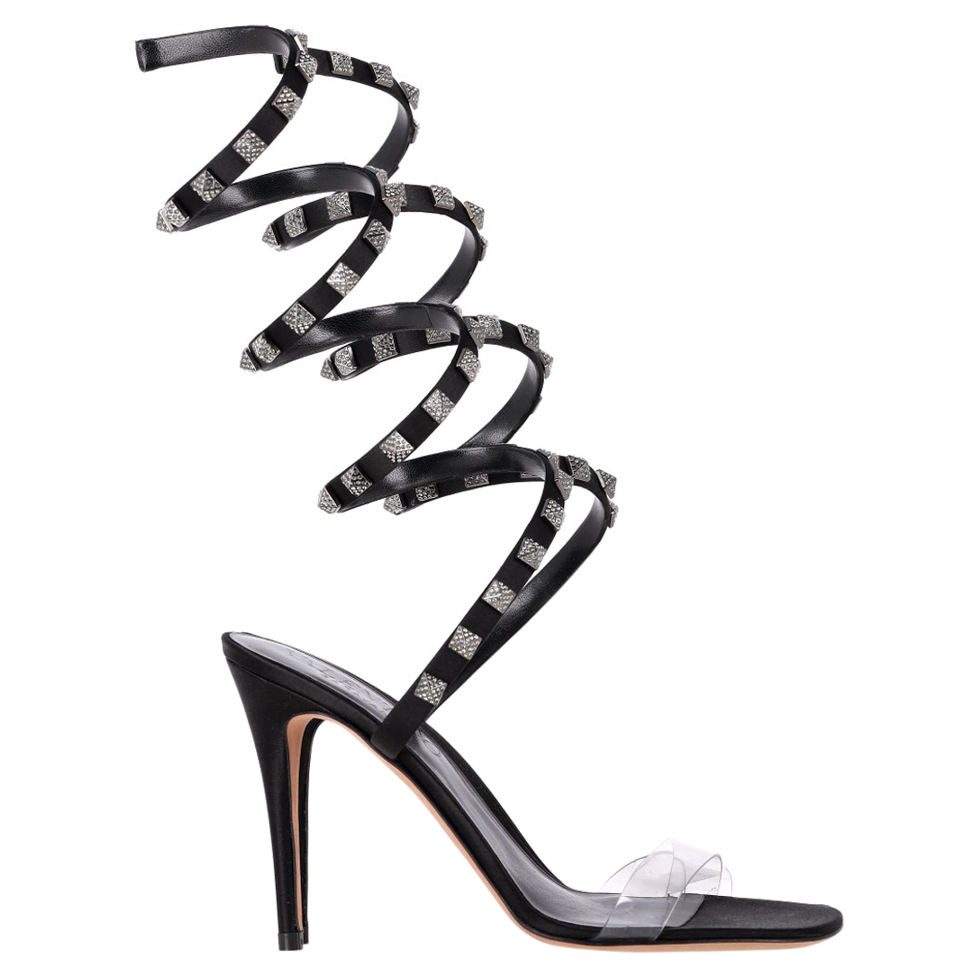 Valentino Garavani Rockstud Wrap Around Sandal Heels in Black Leather