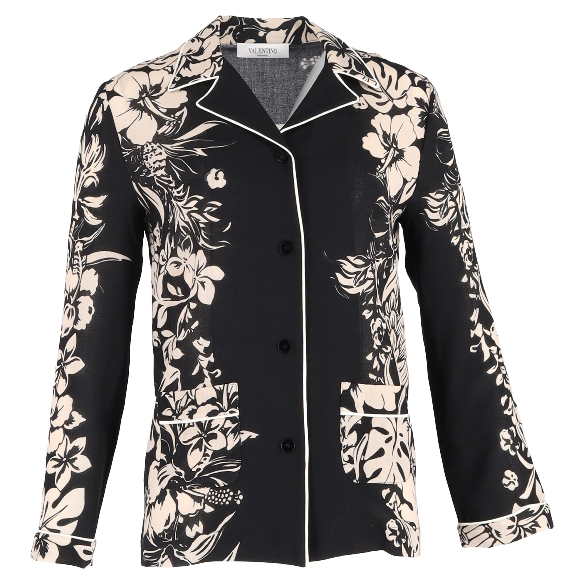 Valentino Cuban-Collar Shirt in Floral-Print Silk