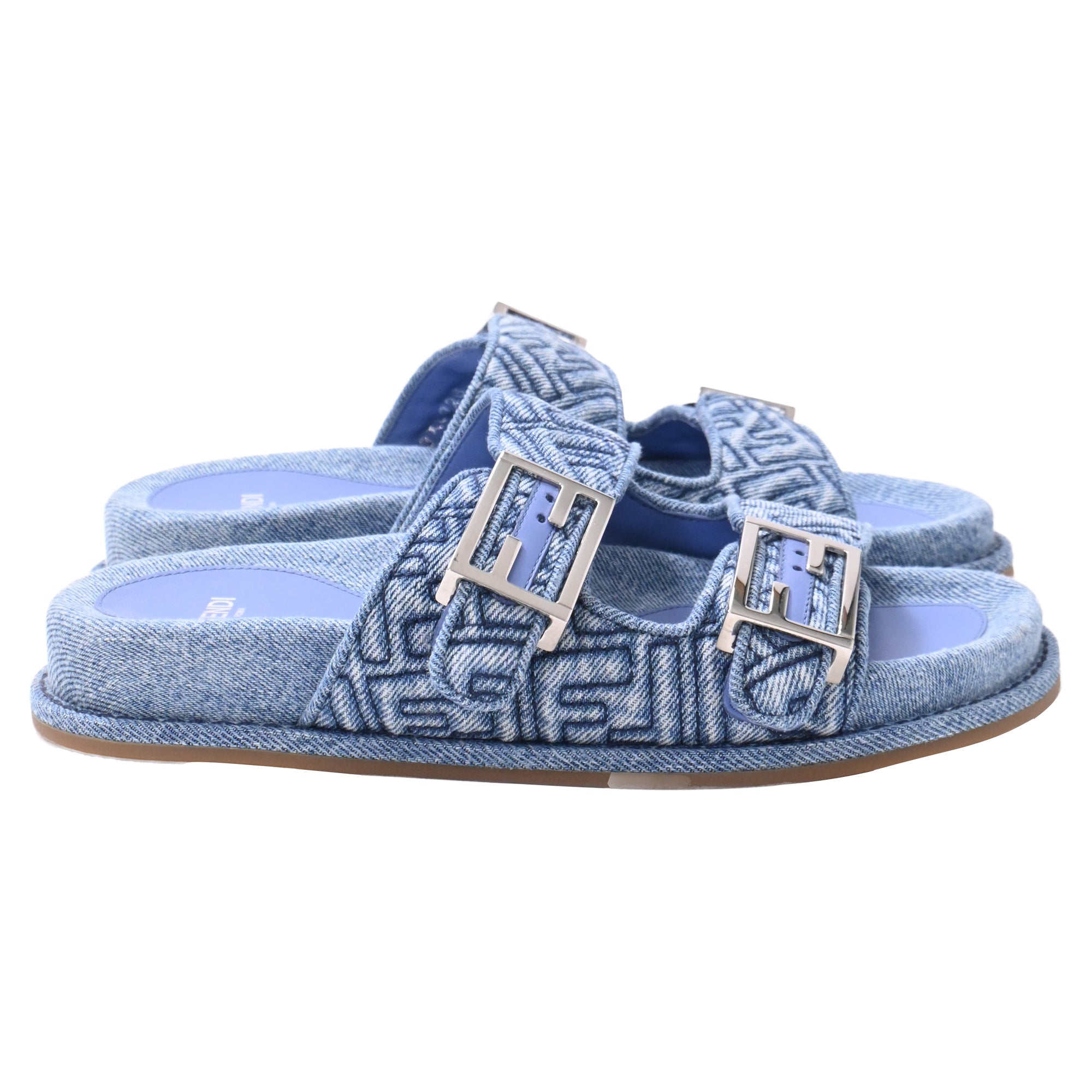 Fendi FF Feel Slide Flat Sandals in Blue Cotton Denim