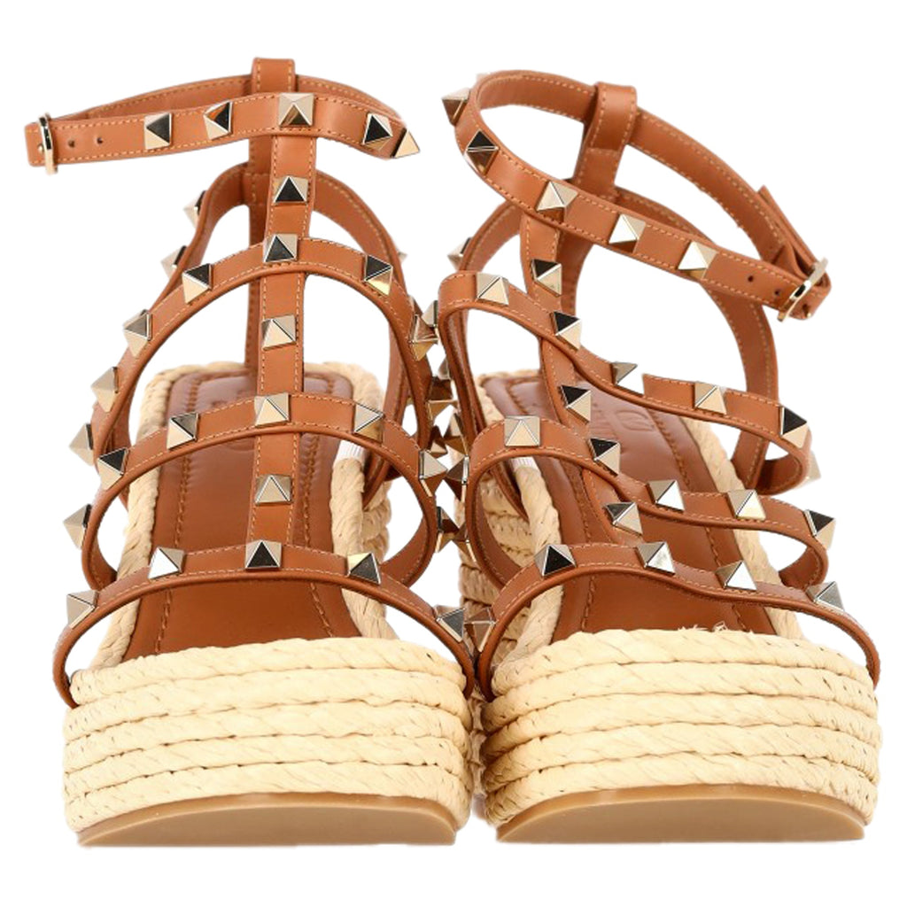 Valentino Garavani Rockstud Wedge Sandals in Brown Calf Leather