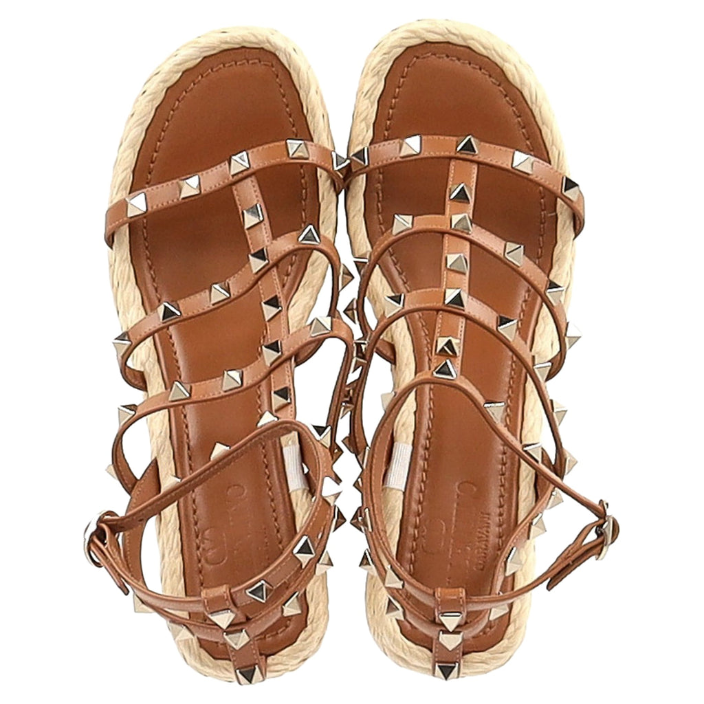 Valentino Garavani Rockstud Wedge Sandals in Brown Calf Leather