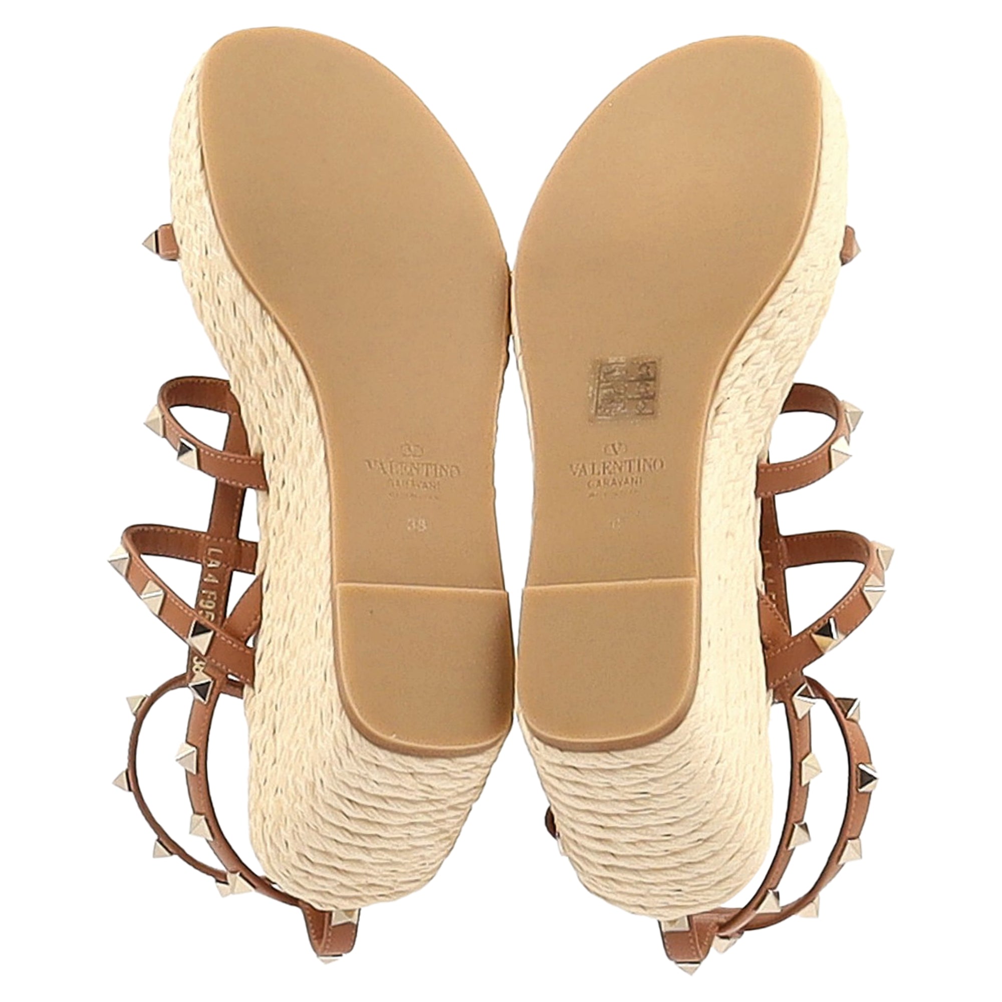 Valentino Garavani Rockstud Wedge Sandals in Brown Calf Leather