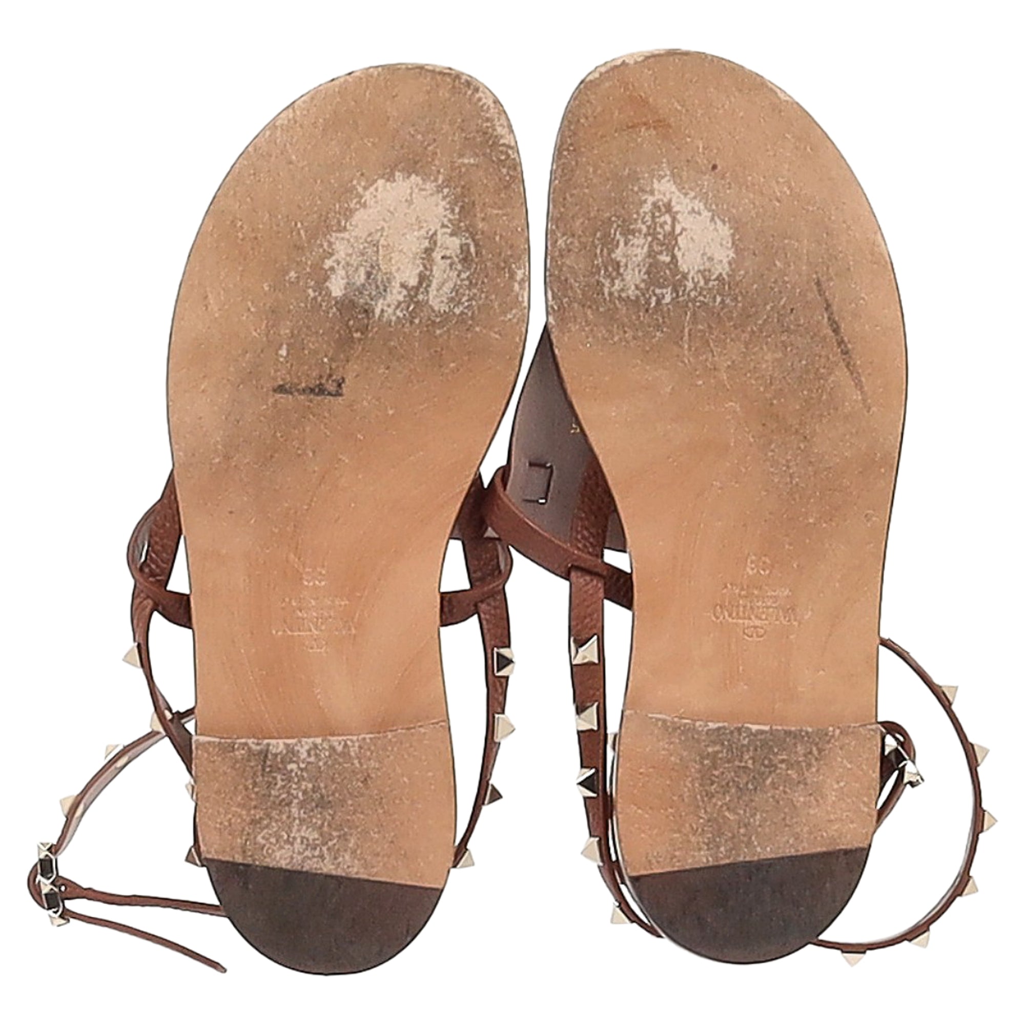 Valentino Garavani Rockstud T-Strap Flat Sandals in Brown Leather