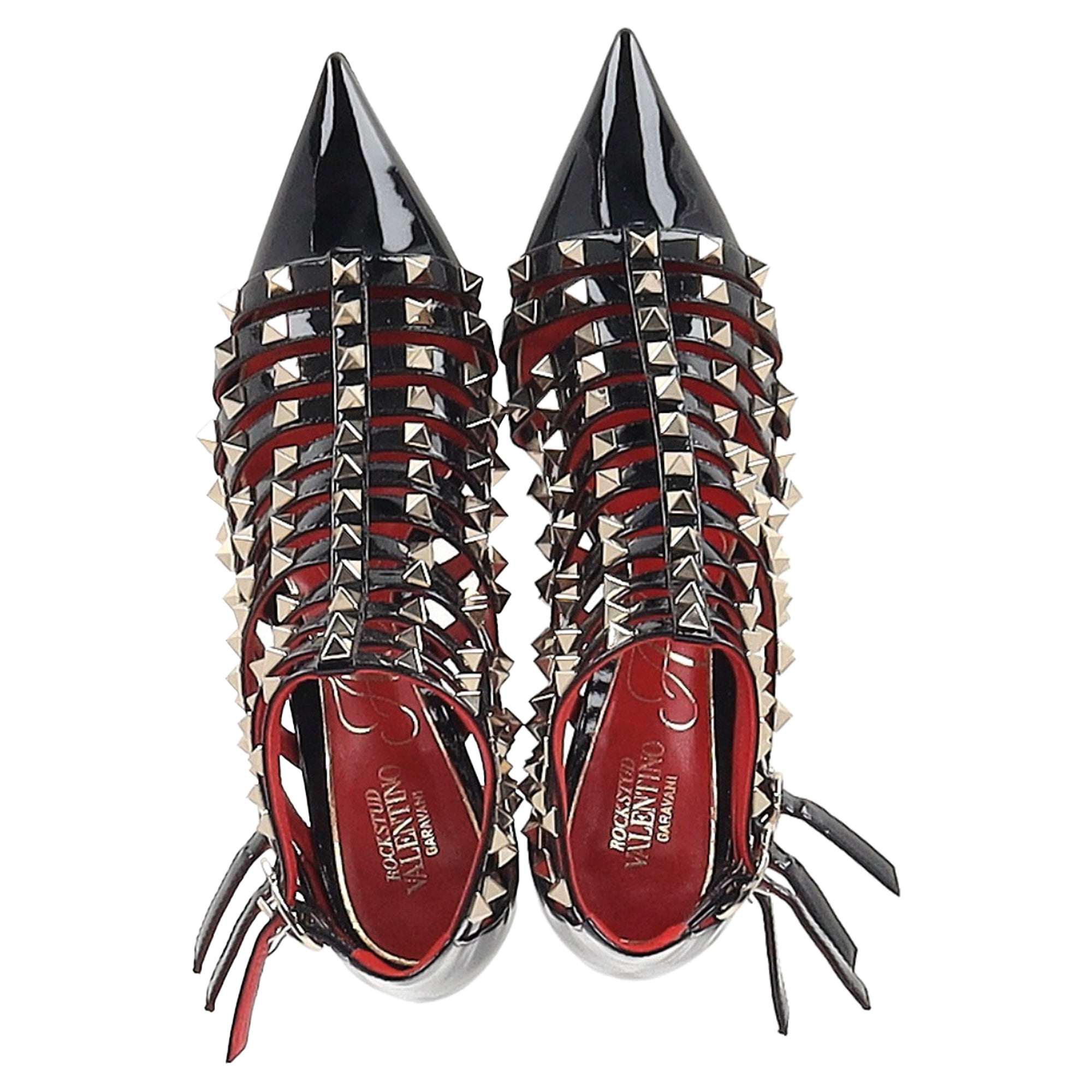 Valentino Alcove Rockstud Gladiator Booties in Black Patent Leather