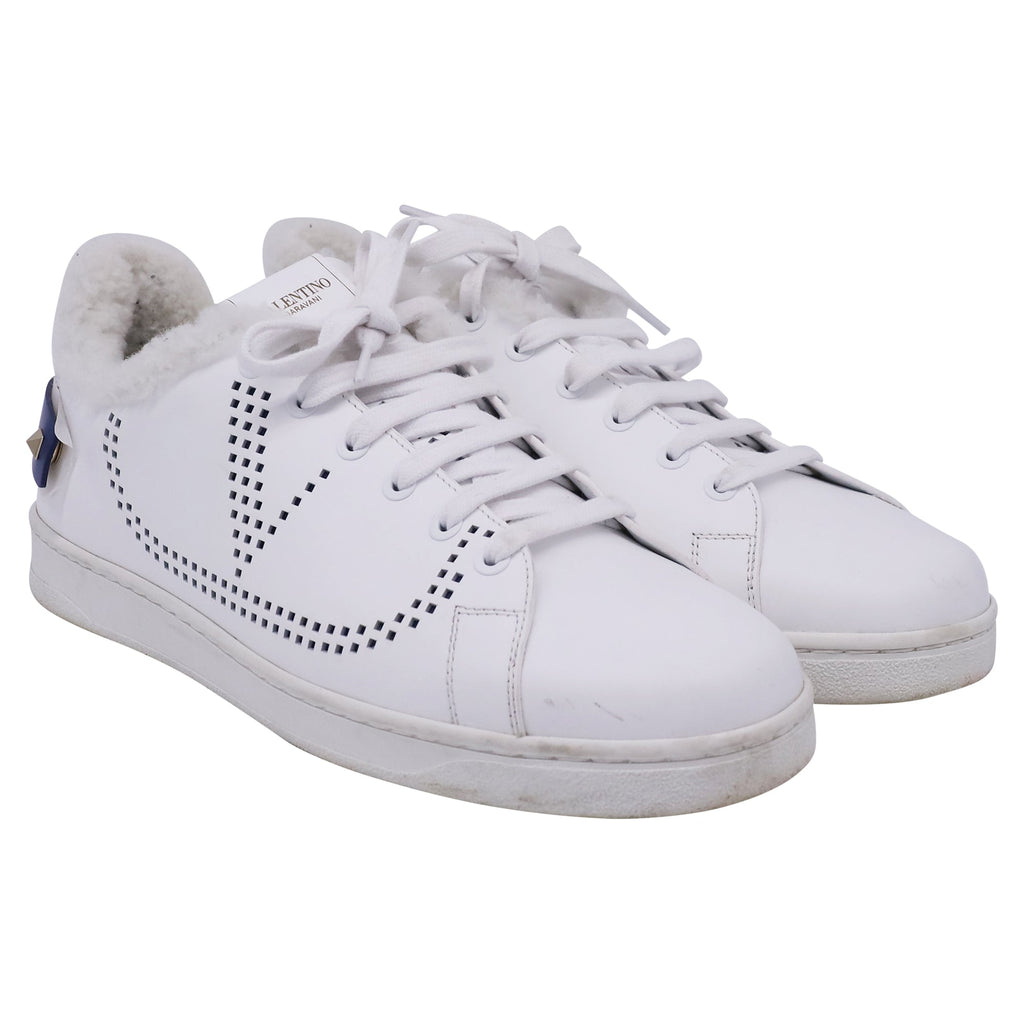 Valentino Garavani Backnet Perforated Shear-Lined Sneakers in White Leather