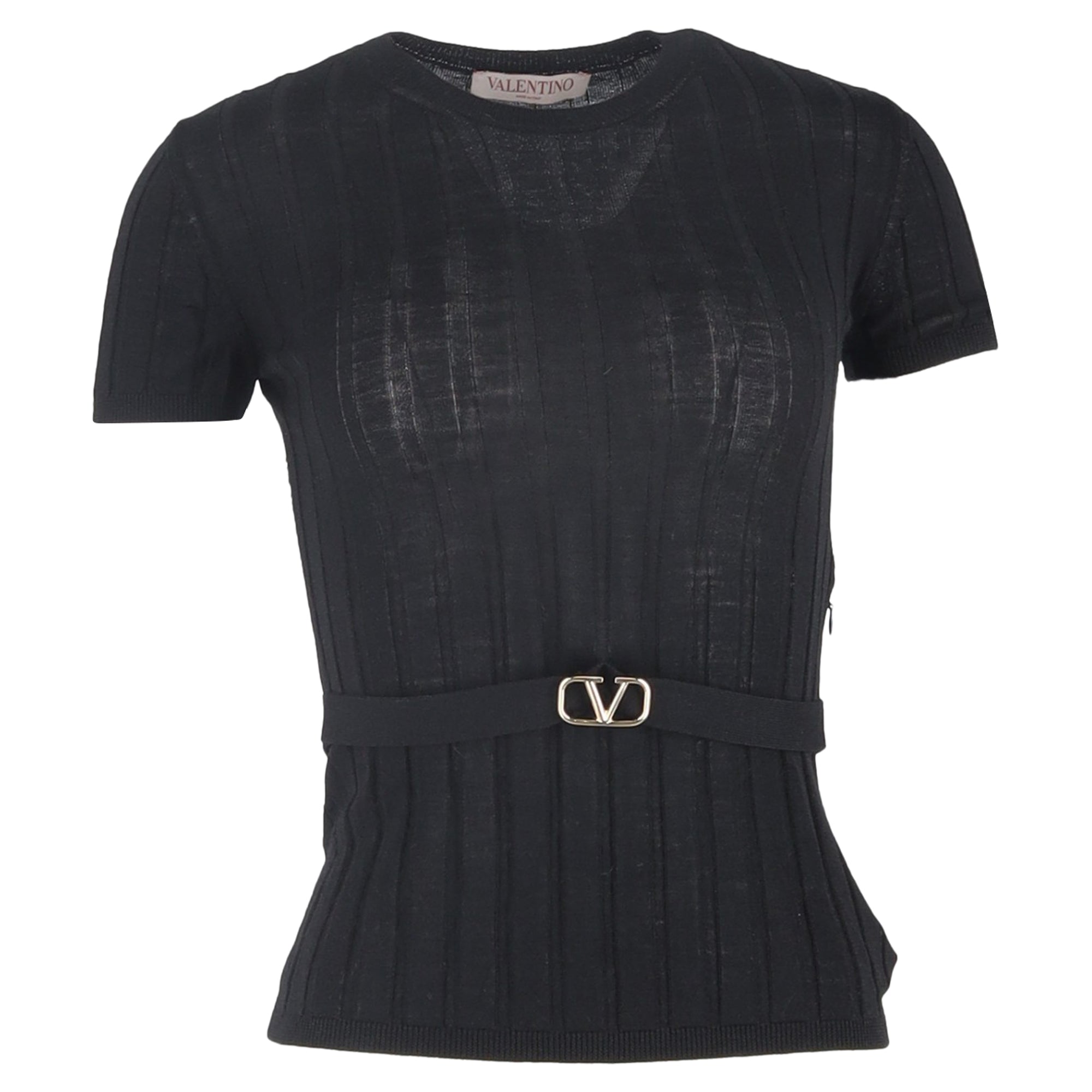 Valentino Garavani Belted Ribbed-Knit T-shirt in Black Wool