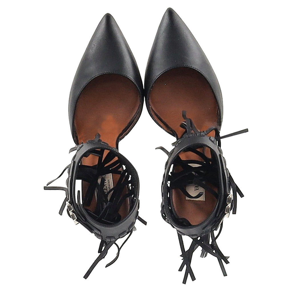 Valentino Garavani Fringed Ankle Strap Pumps in Black Leather
