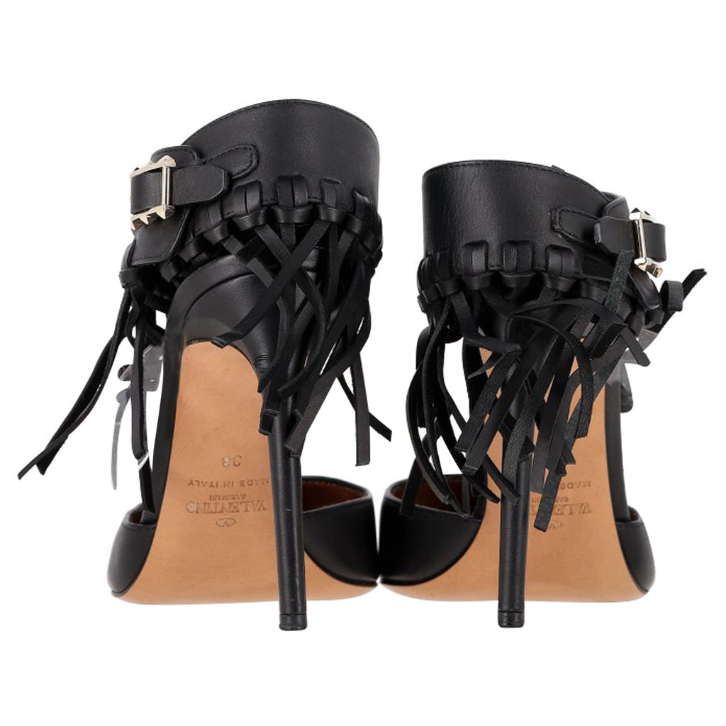 Valentino Garavani Fringed Ankle Strap Pumps in Black Leather