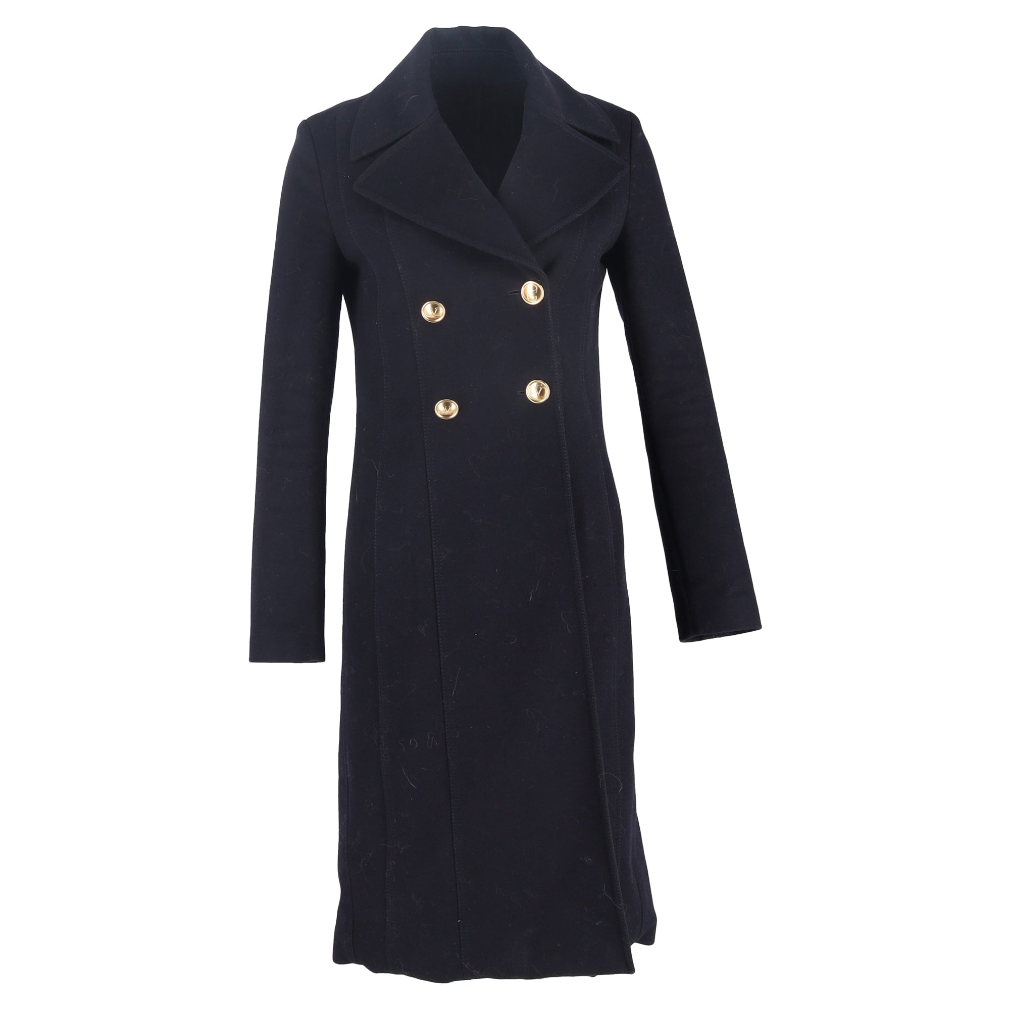 Valentino Garavani Double-Breasted Long Coat in Dark Navy Wool