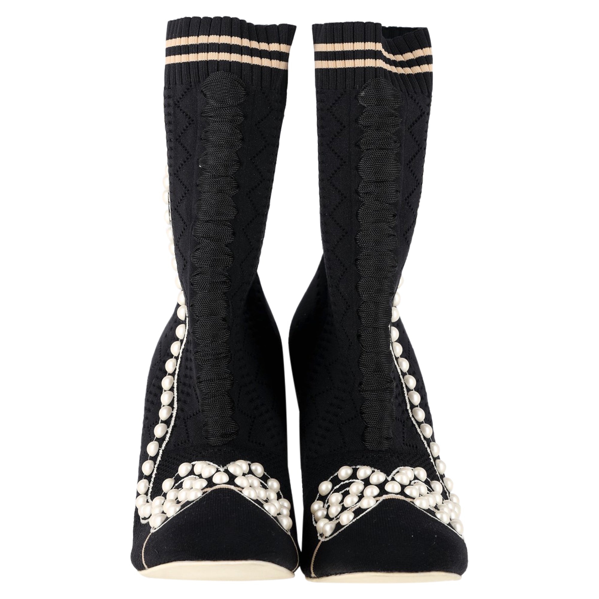 Fendi Knit Fabric Pearl Embellished Sock Ankle Boots in Black Nylon