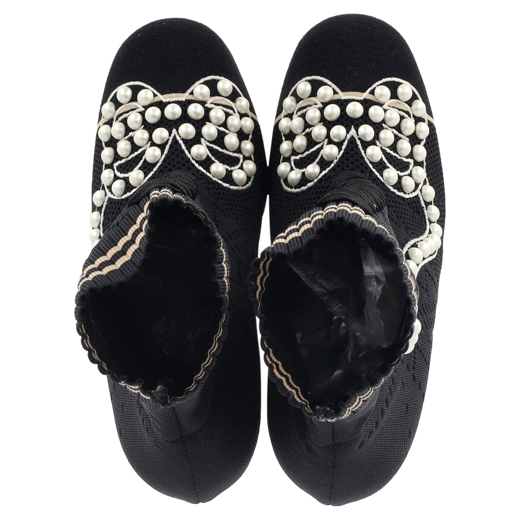 Fendi Knit Fabric Pearl Embellished Sock Ankle Boots in Black Nylon