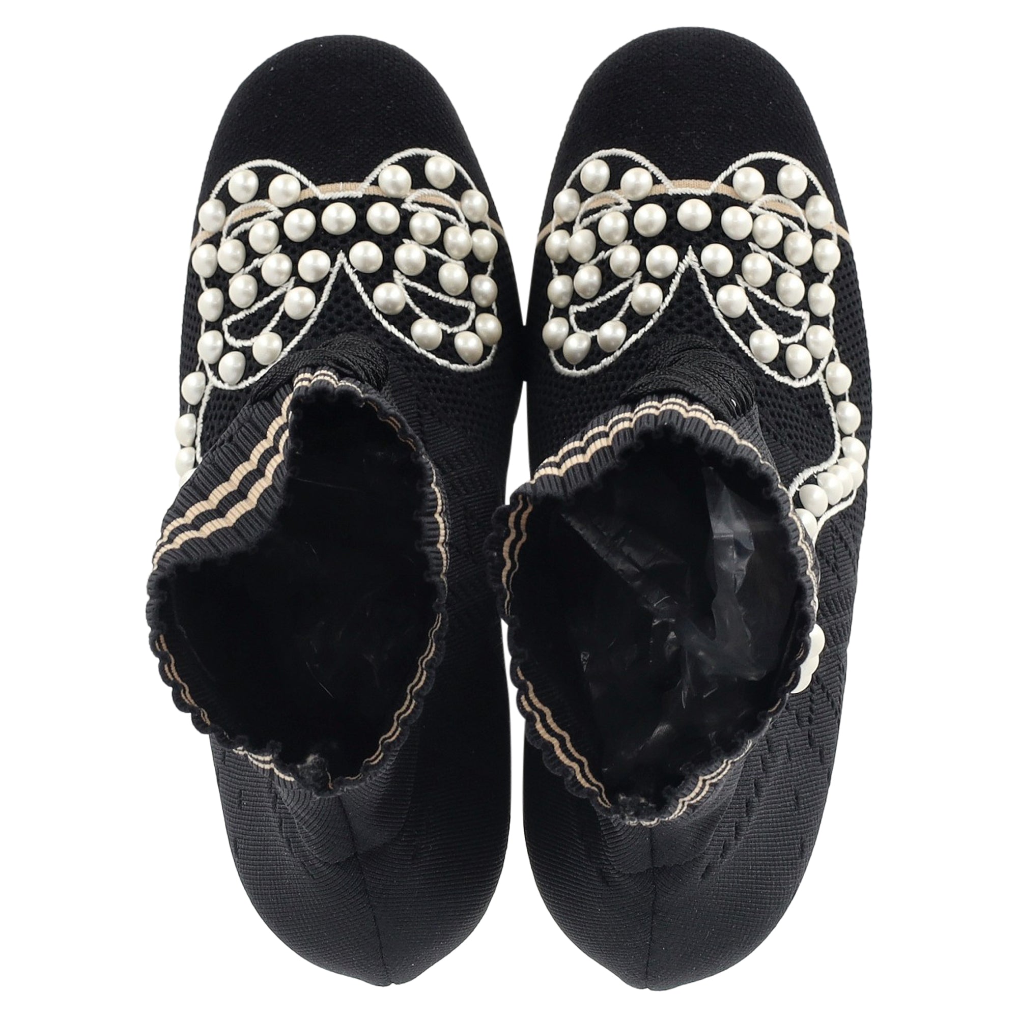 Fendi Knit Fabric Pearl Embellished Sock Ankle Boots in Black Nylon