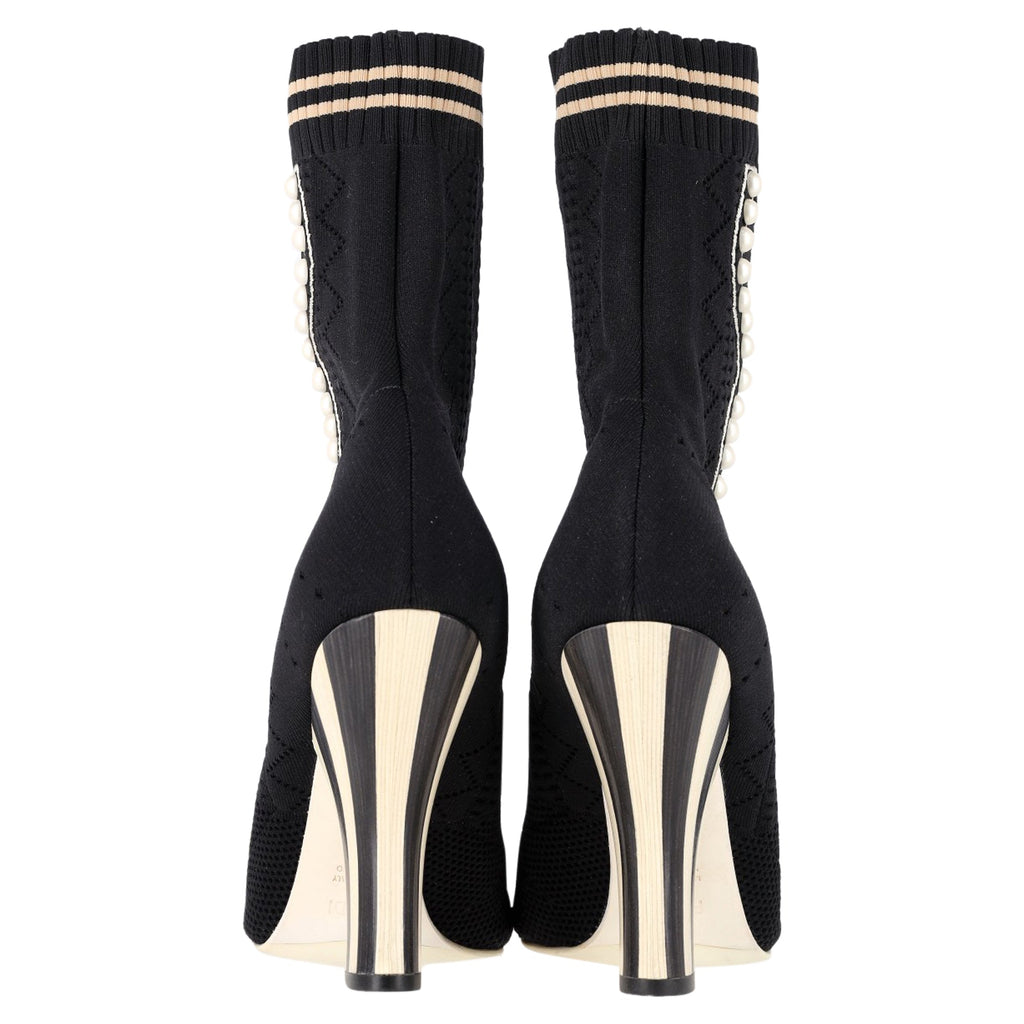 Fendi Knit Fabric Pearl Embellished Sock Ankle Boots in Black Nylon