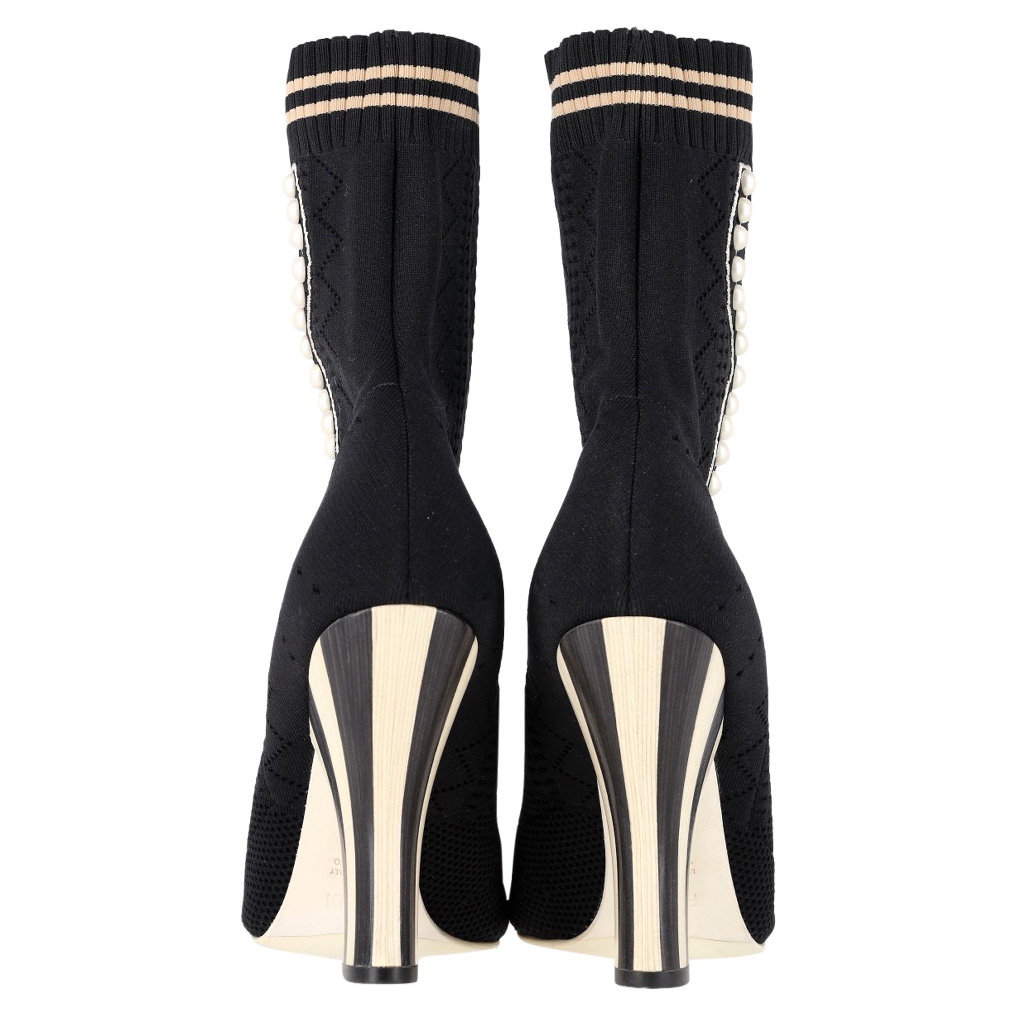 Fendi Knit Fabric Pearl Embellished Sock Ankle Boots in Black Nylon